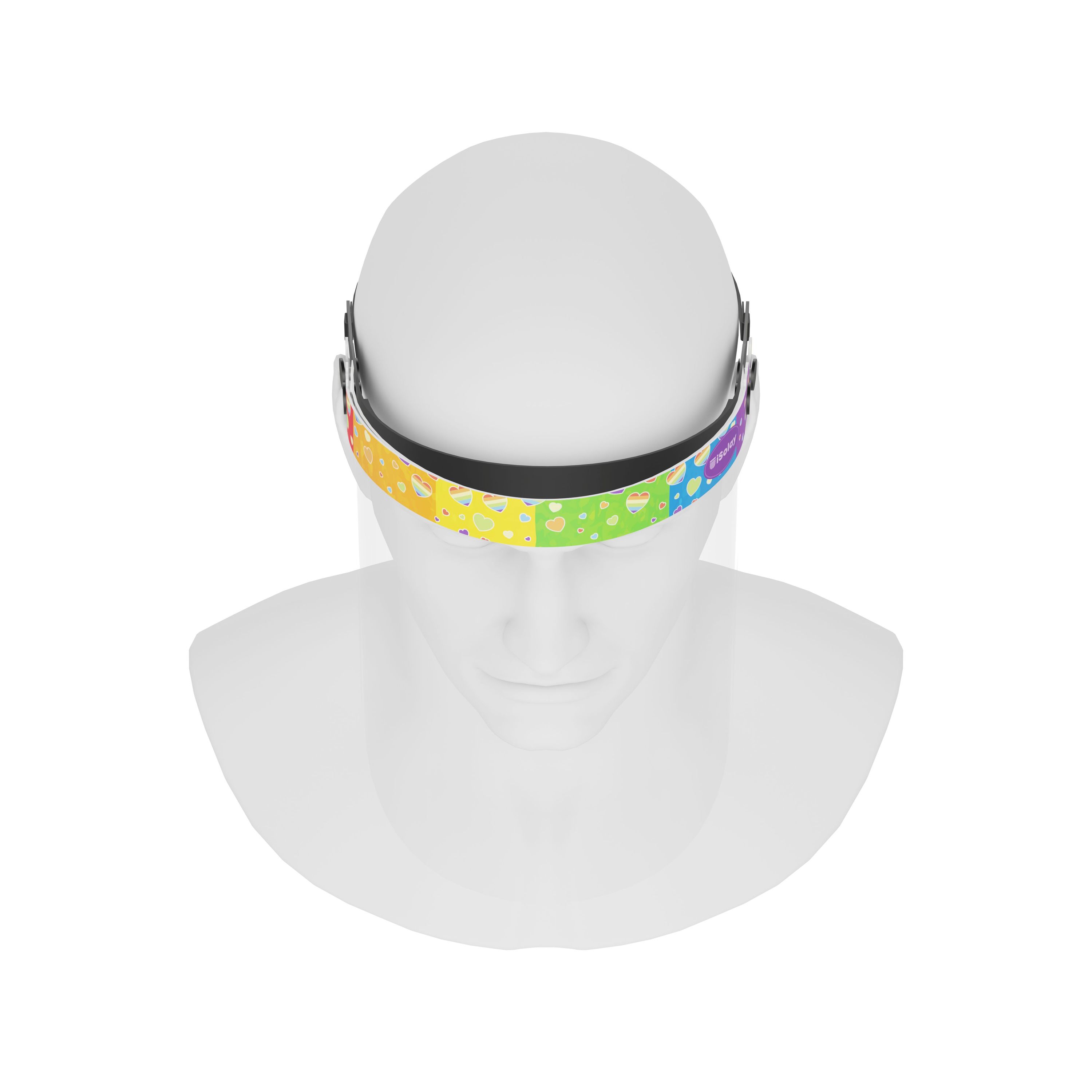 iSolay Face Shield Rainbow Shower featuring a colorful design, adjustable fit, and comfortable foam padding, ideal for protection in various environments.