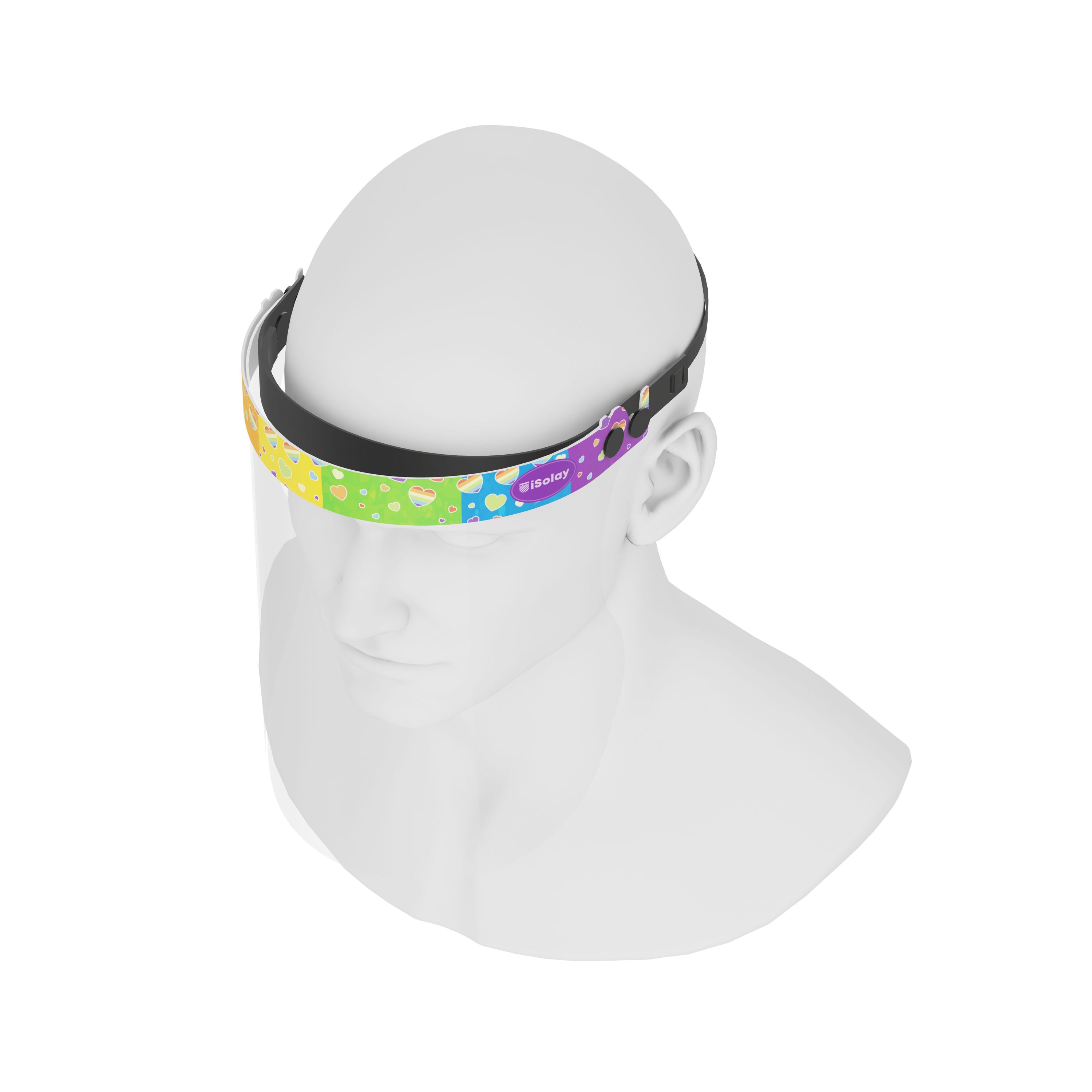 iSolay Face Shield Rainbow Shower featuring a colorful design, adjustable fit, and comfortable foam padding, ideal for protection in various environments.