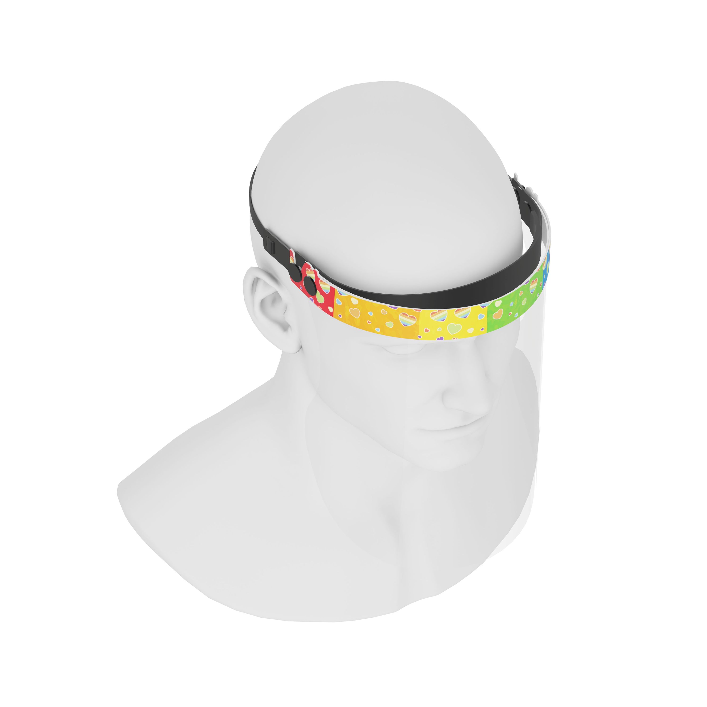 iSolay Face Shield Rainbow Shower featuring a colorful design, adjustable fit, and comfortable foam padding, ideal for protection in various environments.