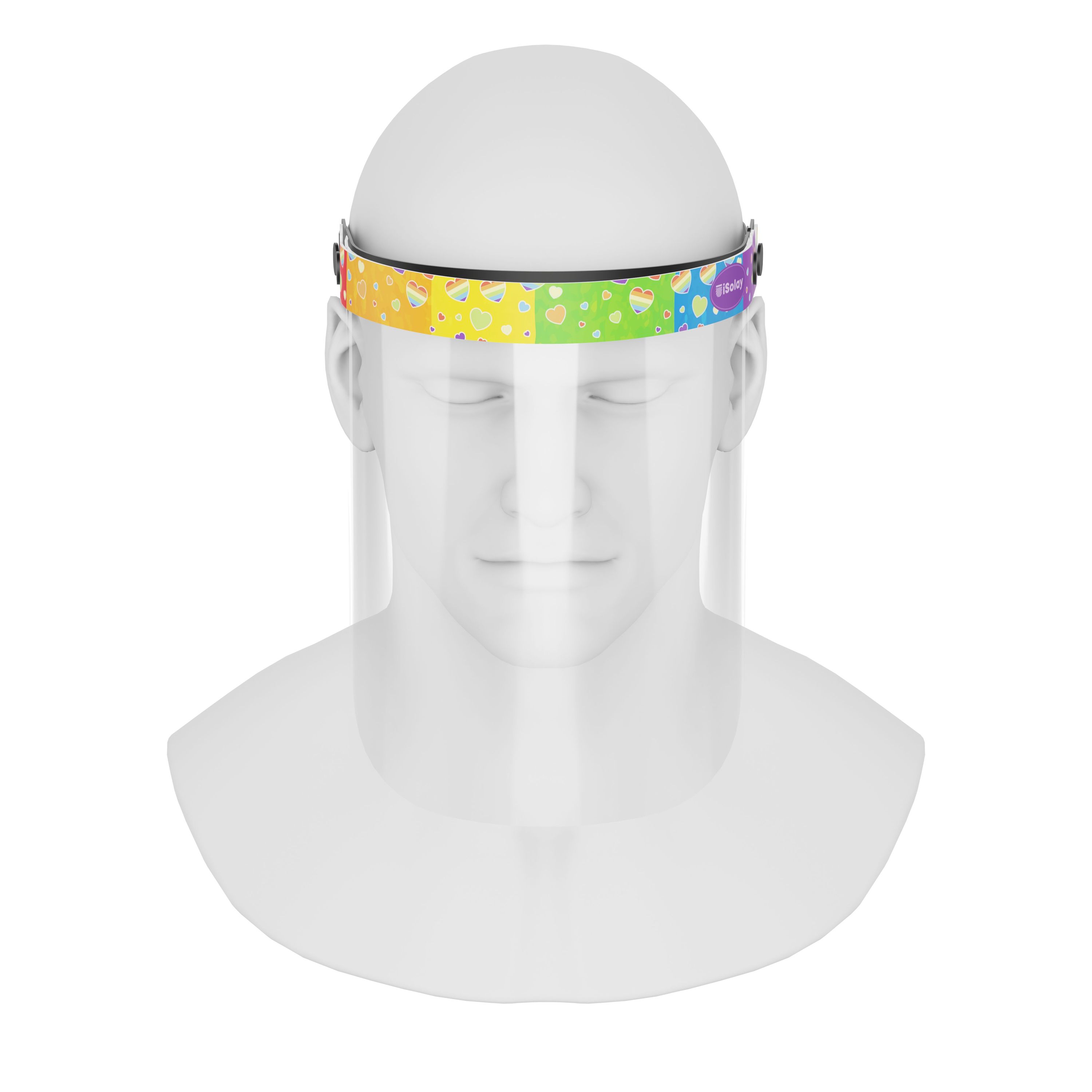 iSolay Face Shield Rainbow Shower featuring a colorful design, adjustable fit, and comfortable foam padding, ideal for protection in various environments.