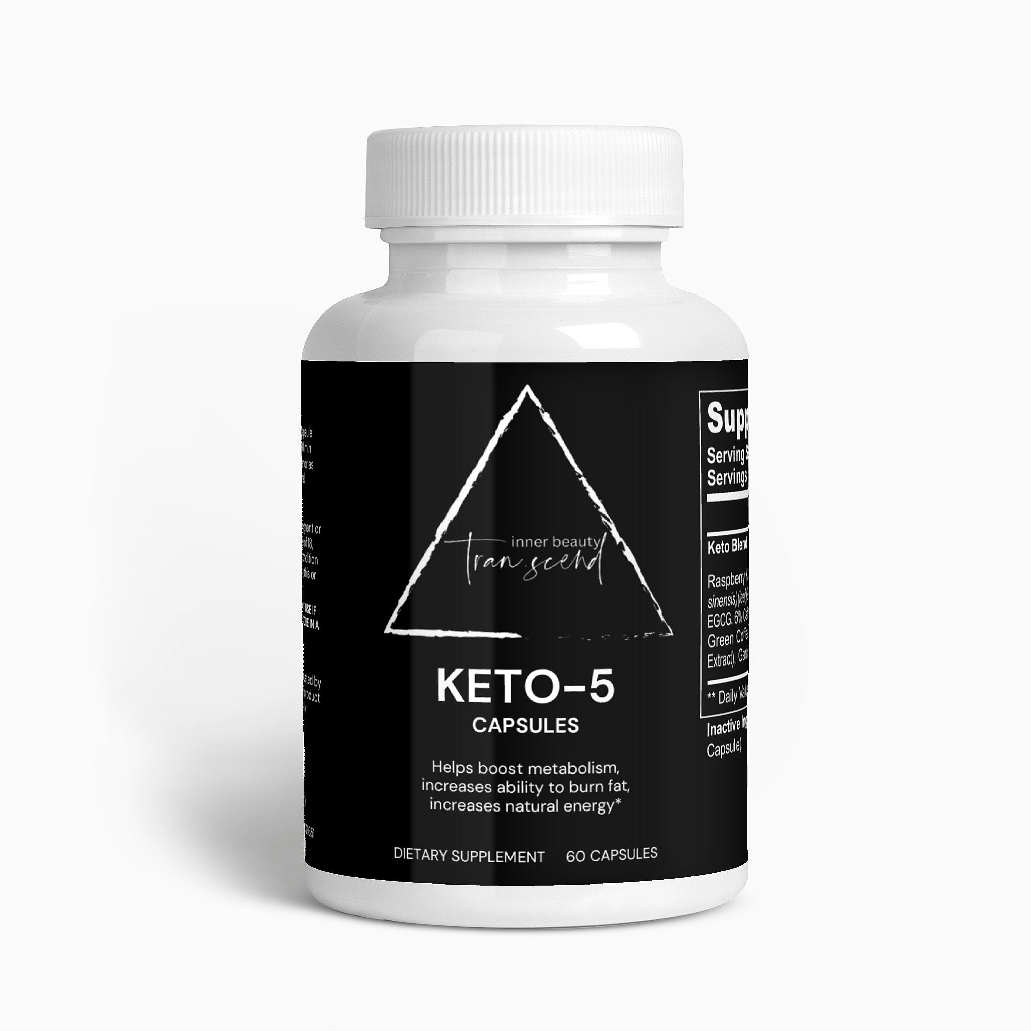 Keto-5 dietary supplement capsules with natural ingredients for weight loss and metabolism support.