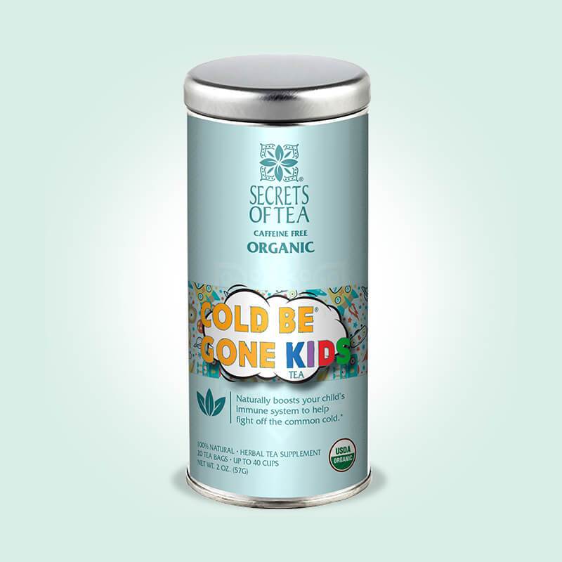 A box of Cold Be Gone Kids Tea with herbal ingredients, designed for children's cold relief.