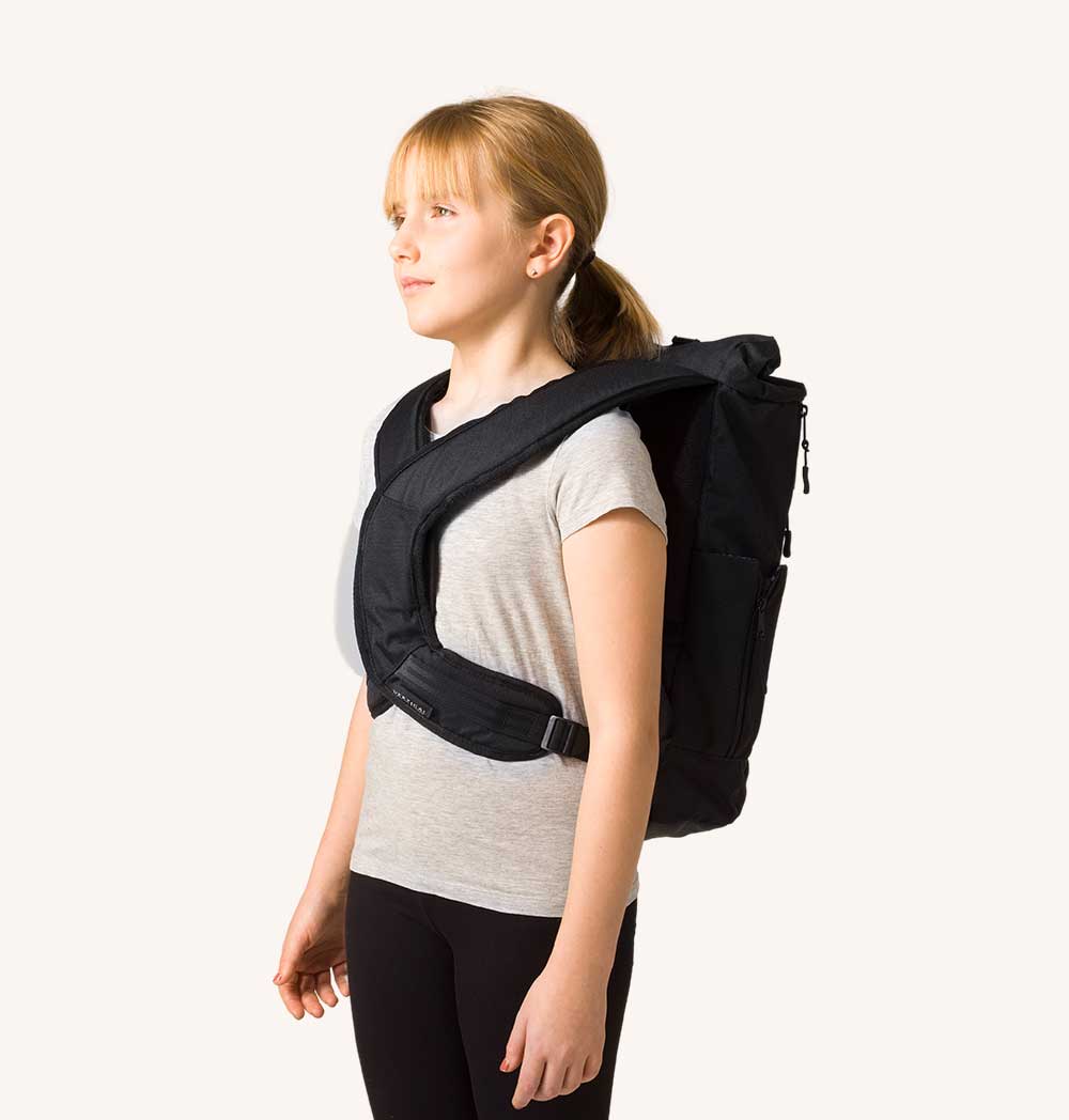 Kids Vertical Ergonomic Backpack featuring a unique design for posture support, made from durable water-repellent material.