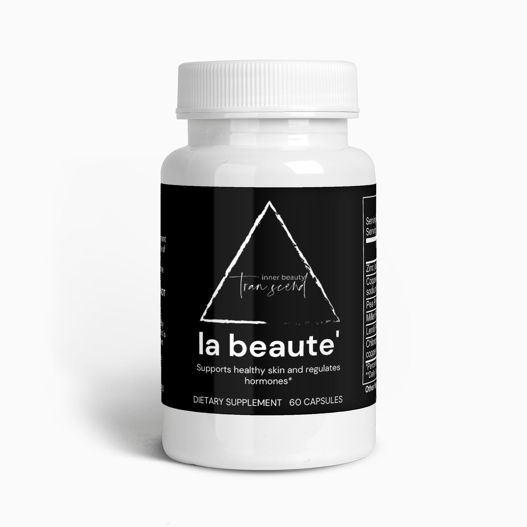 La Beaute' Skin & Hormone Support supplement bottle with 60 capsules, designed for clear skin and hormonal balance.