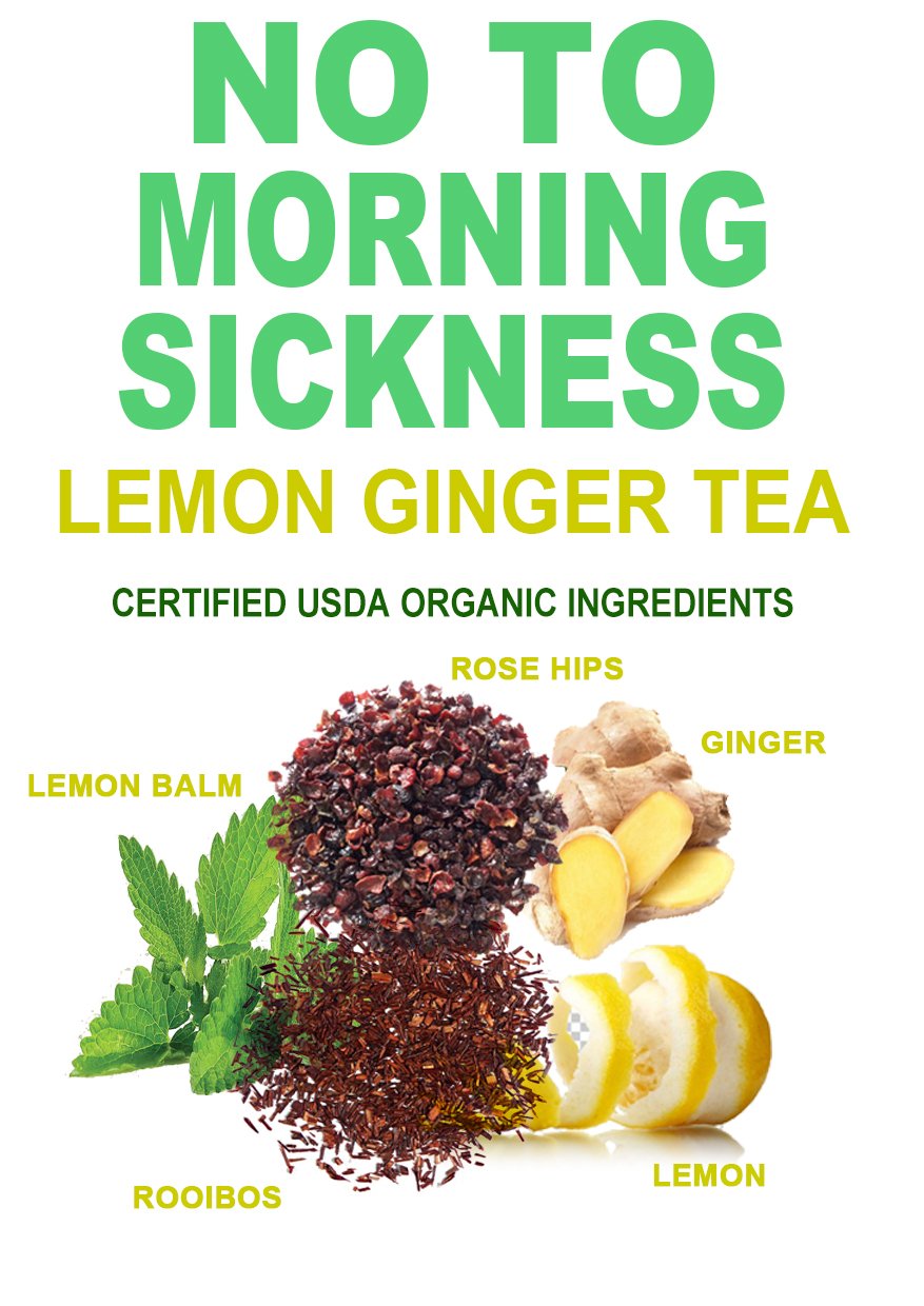 A box of Lemon Ginger Herbal Tea Blend featuring organic ingredients, perfect for soothing morning sickness.