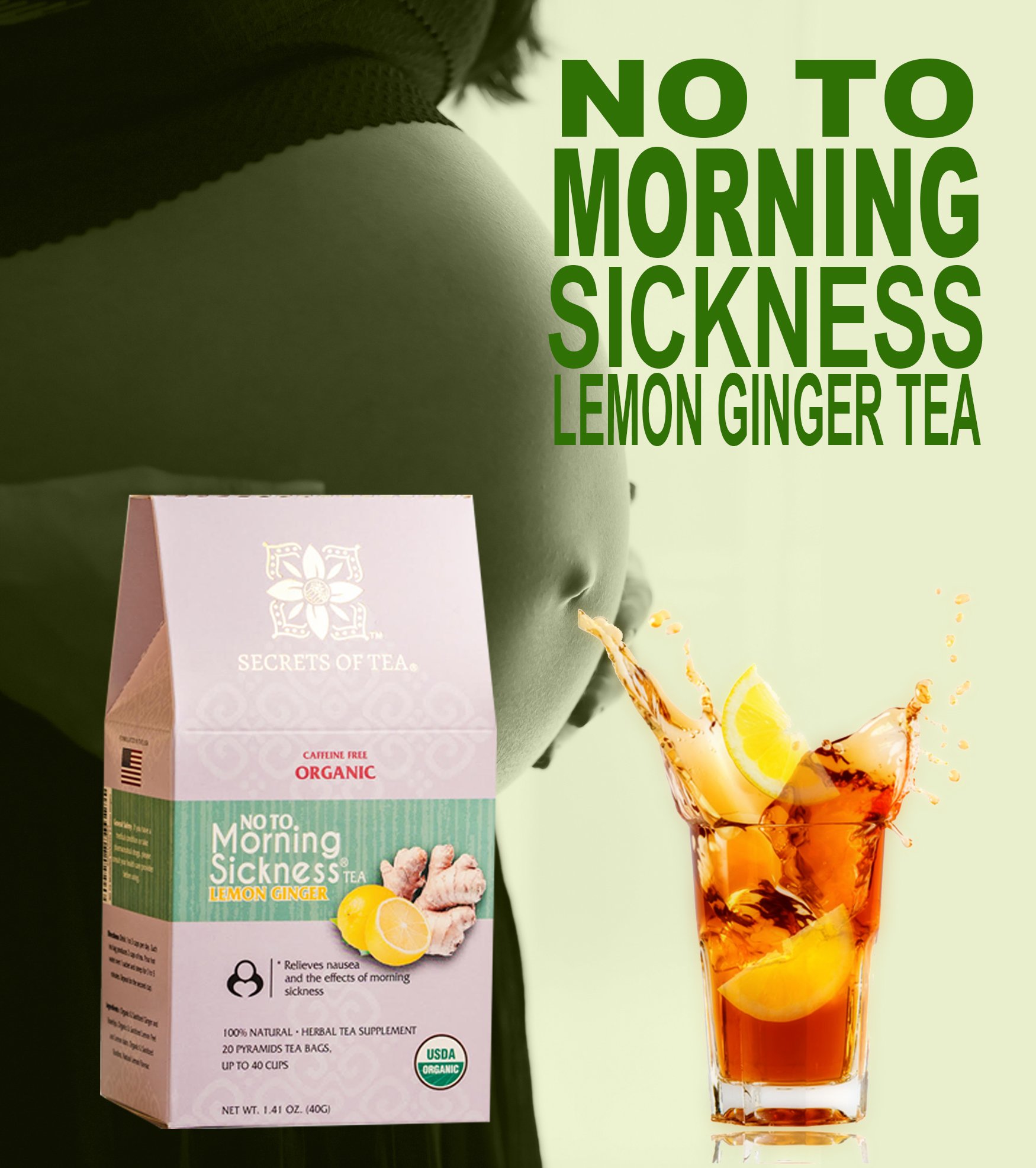 A box of Lemon Ginger Herbal Tea Blend featuring organic ingredients, perfect for soothing morning sickness.