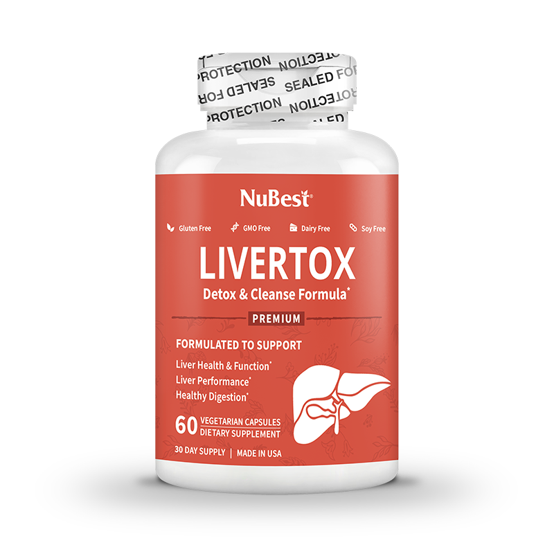 LiverTox supplement bottle with advanced liver detox formula, featuring 60 capsules for liver health support.