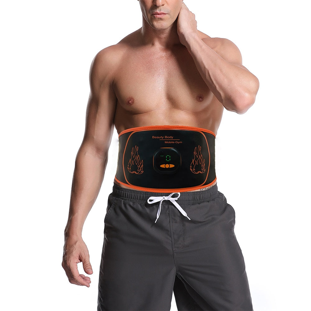 EMS Massage Belt designed for abdominal muscle stimulation and weight loss, featuring a soft PU material and adjustable intensity levels.