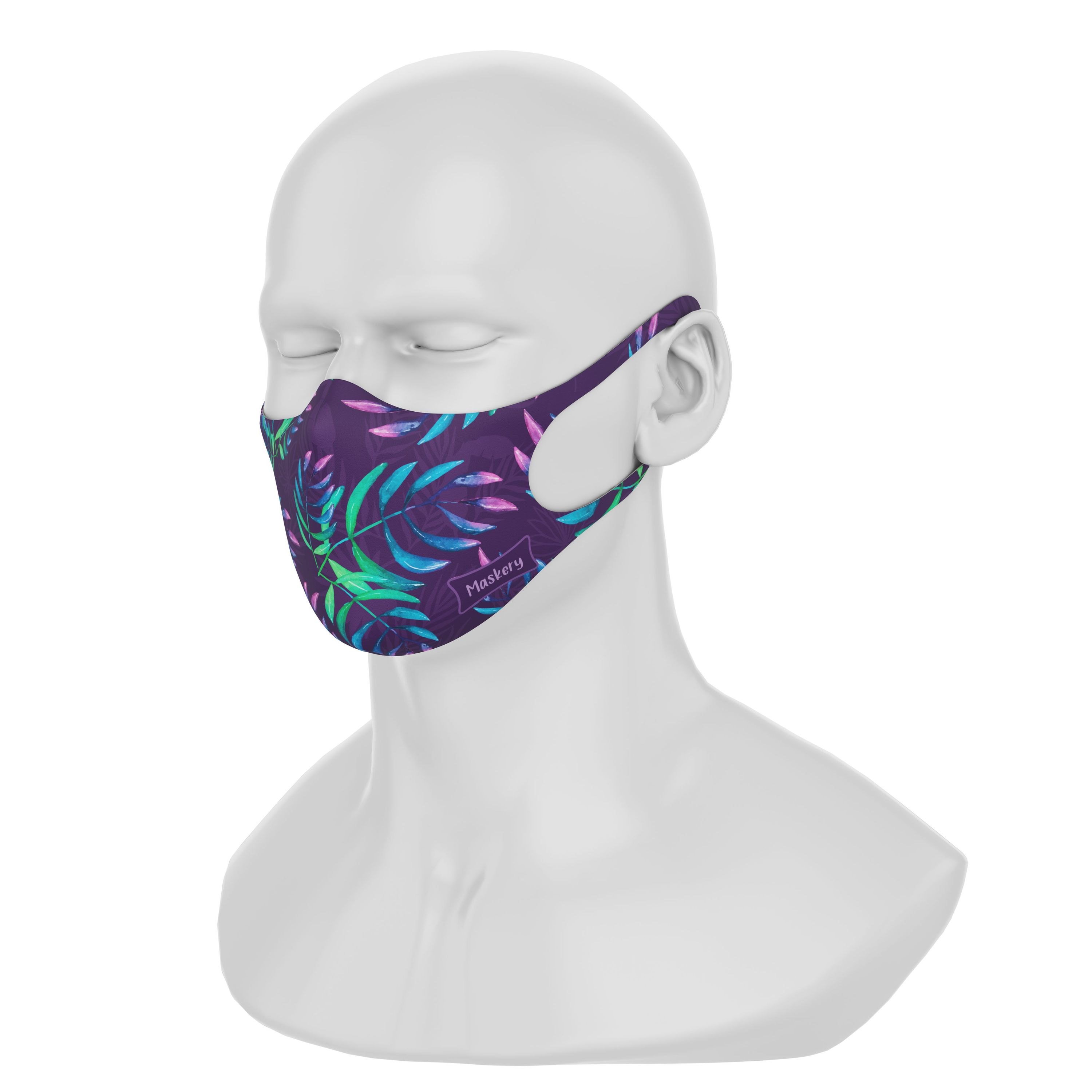 Maskery Design Face Mask featuring a vibrant Avatar Leaves pattern, made from high-quality neoprene fabric for comfort and protection.