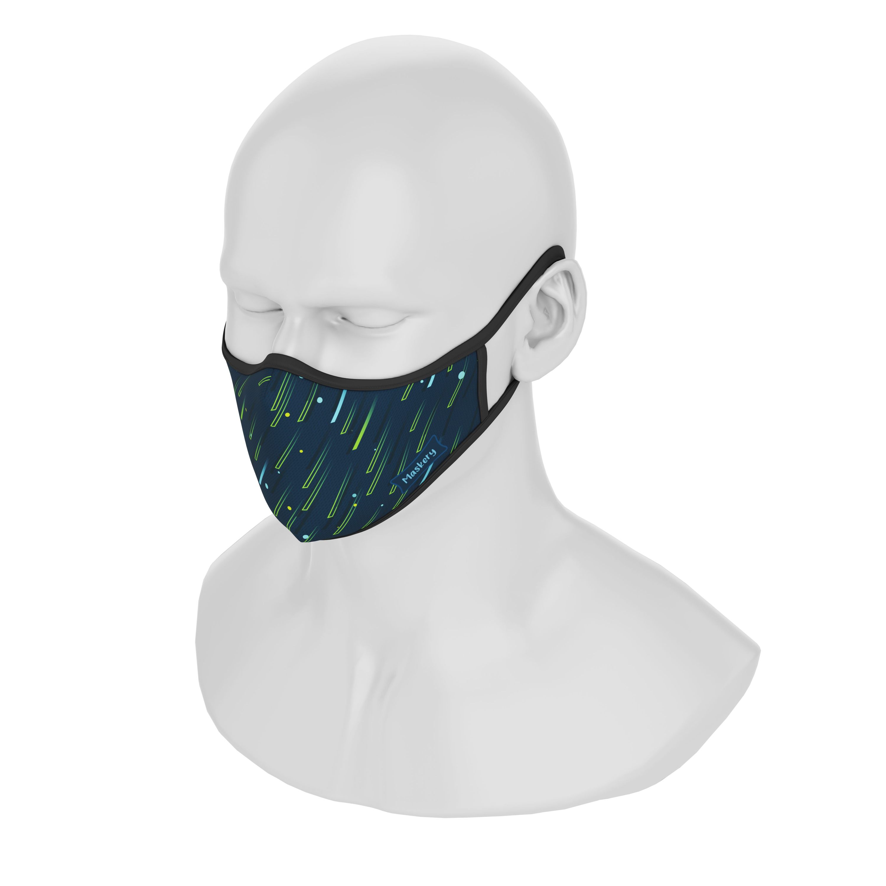 Maskery Premium Face Mask Meteorite Rain made of high-quality neoprene fabric, designed for comfort and protection against dust and allergens.