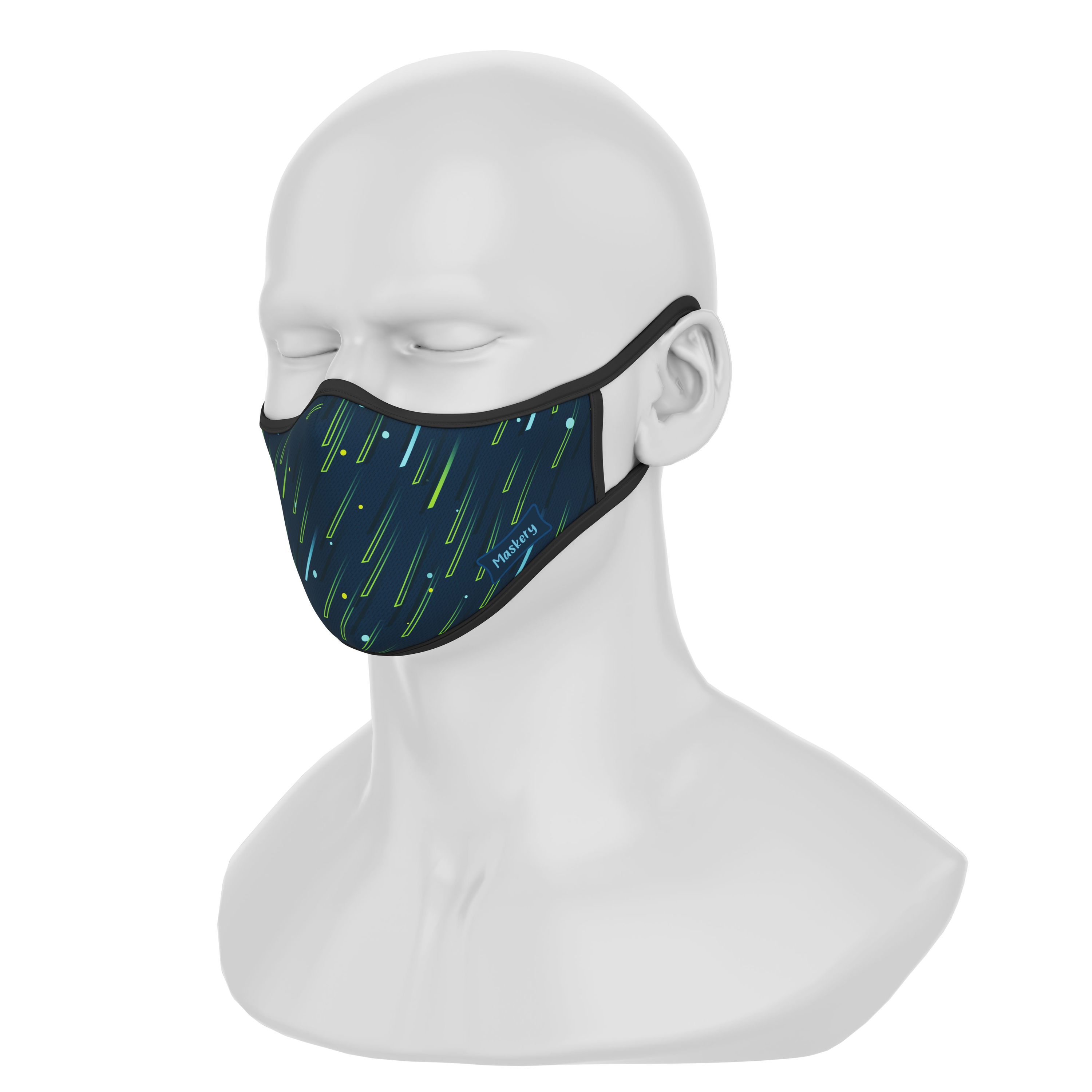 Maskery Premium Face Mask Meteorite Rain made of high-quality neoprene fabric, designed for comfort and protection against dust and allergens.