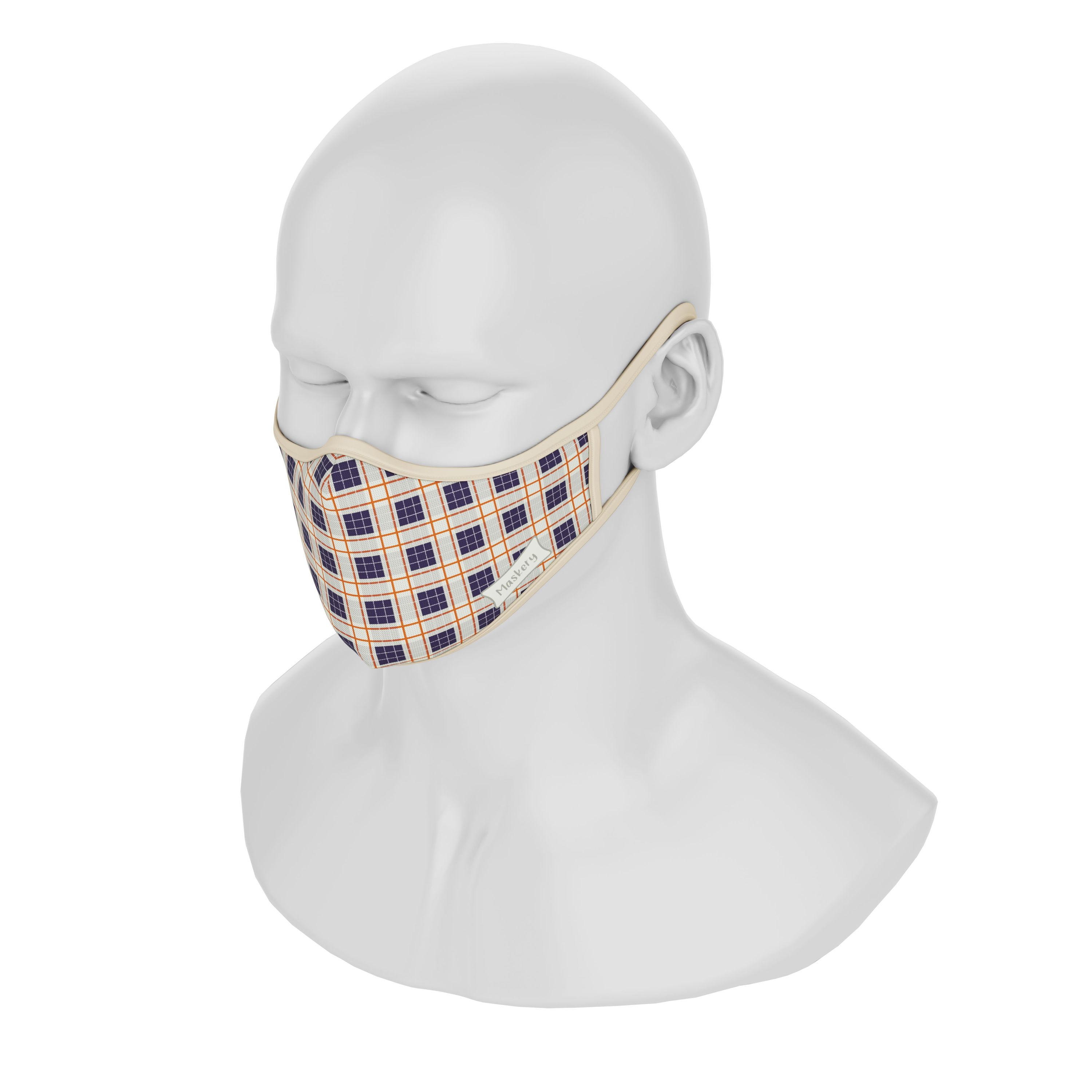 Maskery Premium Face Mask in plaid design, made from high-quality neoprene fabric, suitable for both men and women.