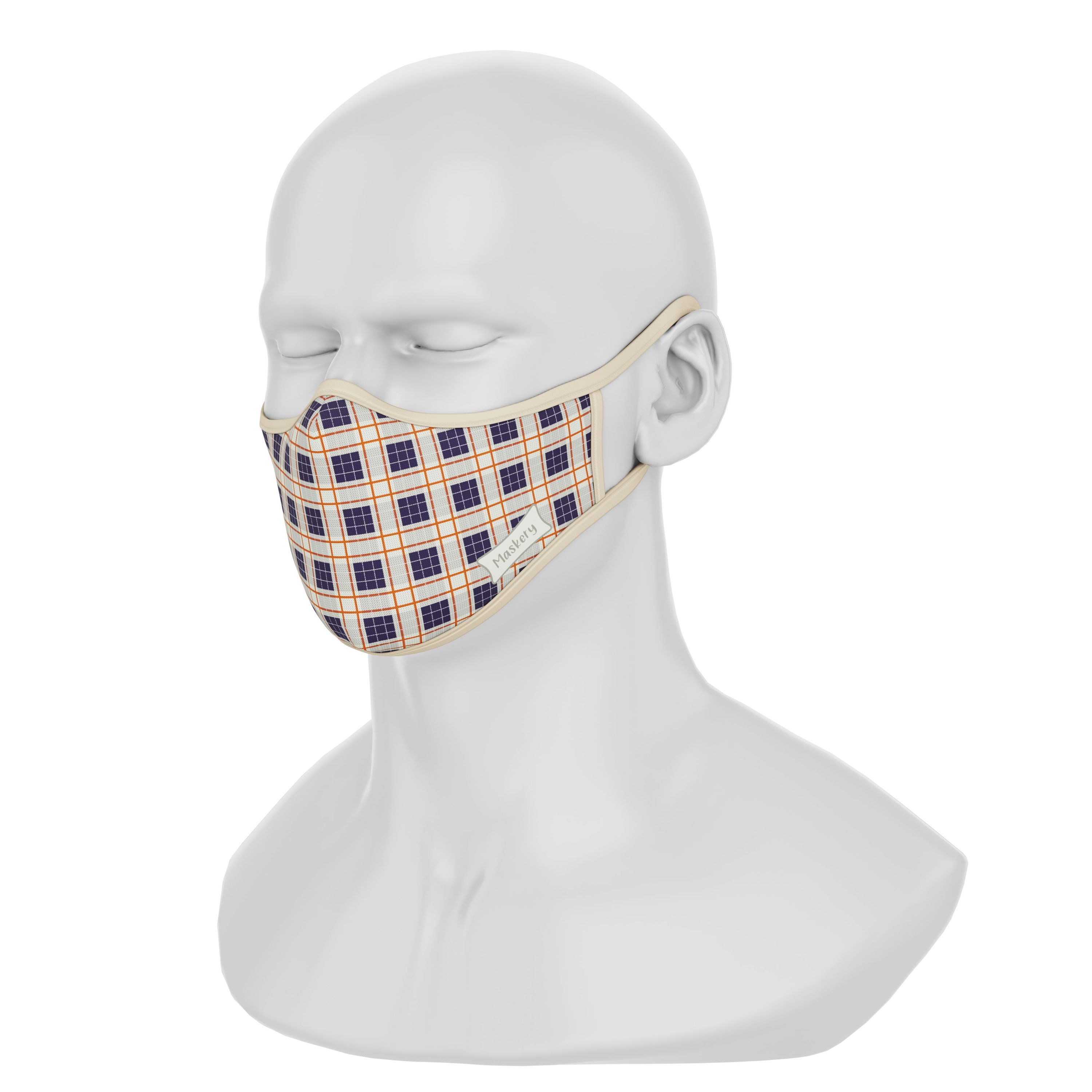 Maskery Premium Face Mask in plaid design, made from high-quality neoprene fabric, suitable for both men and women.