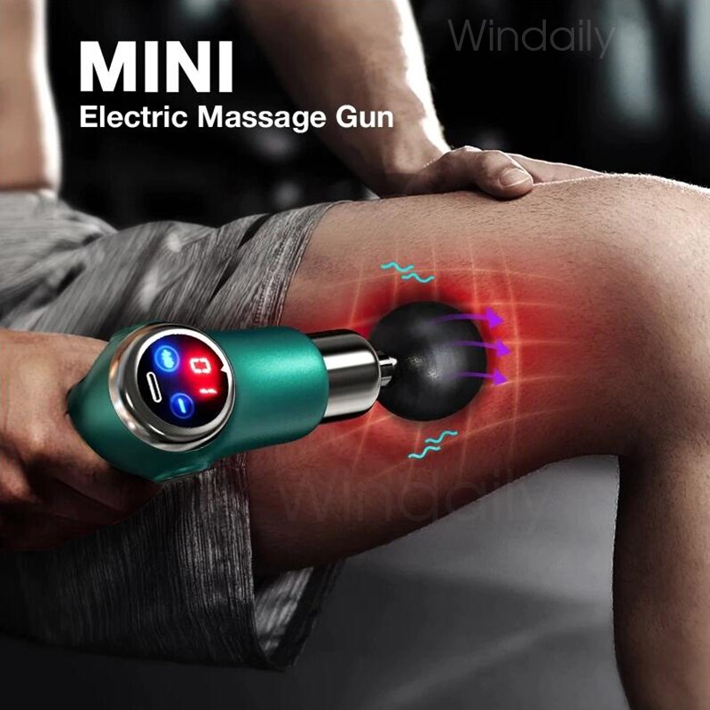 Mini LCD Massage Gun with touch screen and four massage heads, designed for deep tissue relief.