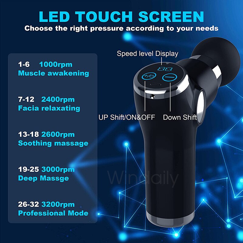 Mini LCD Massage Gun with touch screen and four massage heads, designed for deep tissue relief.