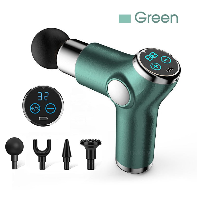 Mini LCD Massage Gun with touch screen and four massage heads, designed for deep tissue relief.