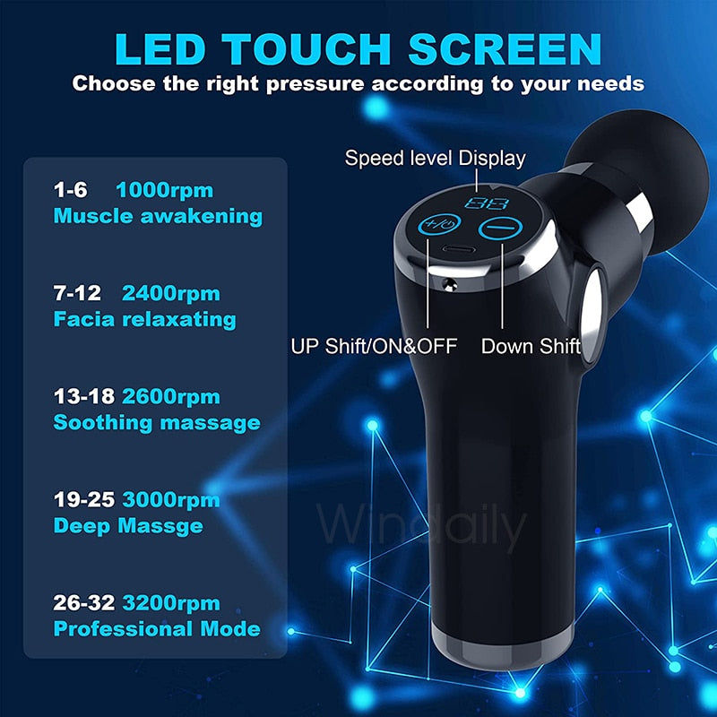 Mini LCD Massage Gun with touch screen and four massage heads, designed for deep tissue relief.