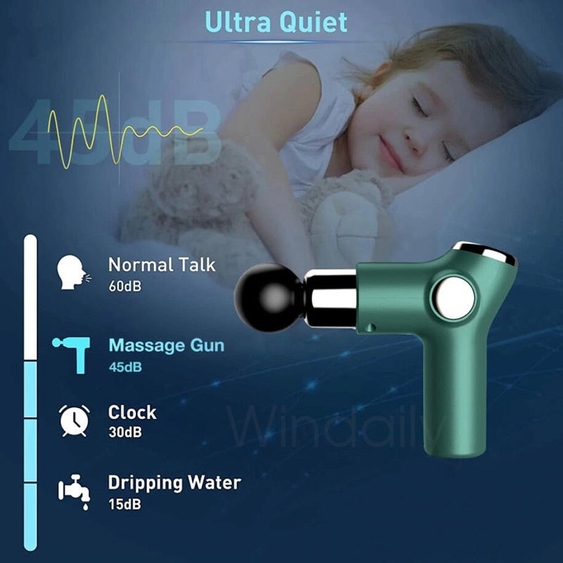 Mini LCD Massage Gun with touch screen and four massage heads, designed for deep tissue relief.