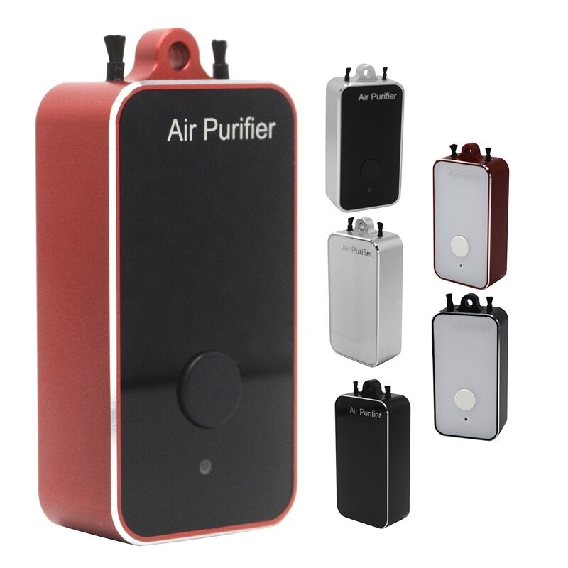 Mini Portable 250MAH Battery Negative Ion Air Purifier with lanyard, USB charging port, and sleek design in various colors.