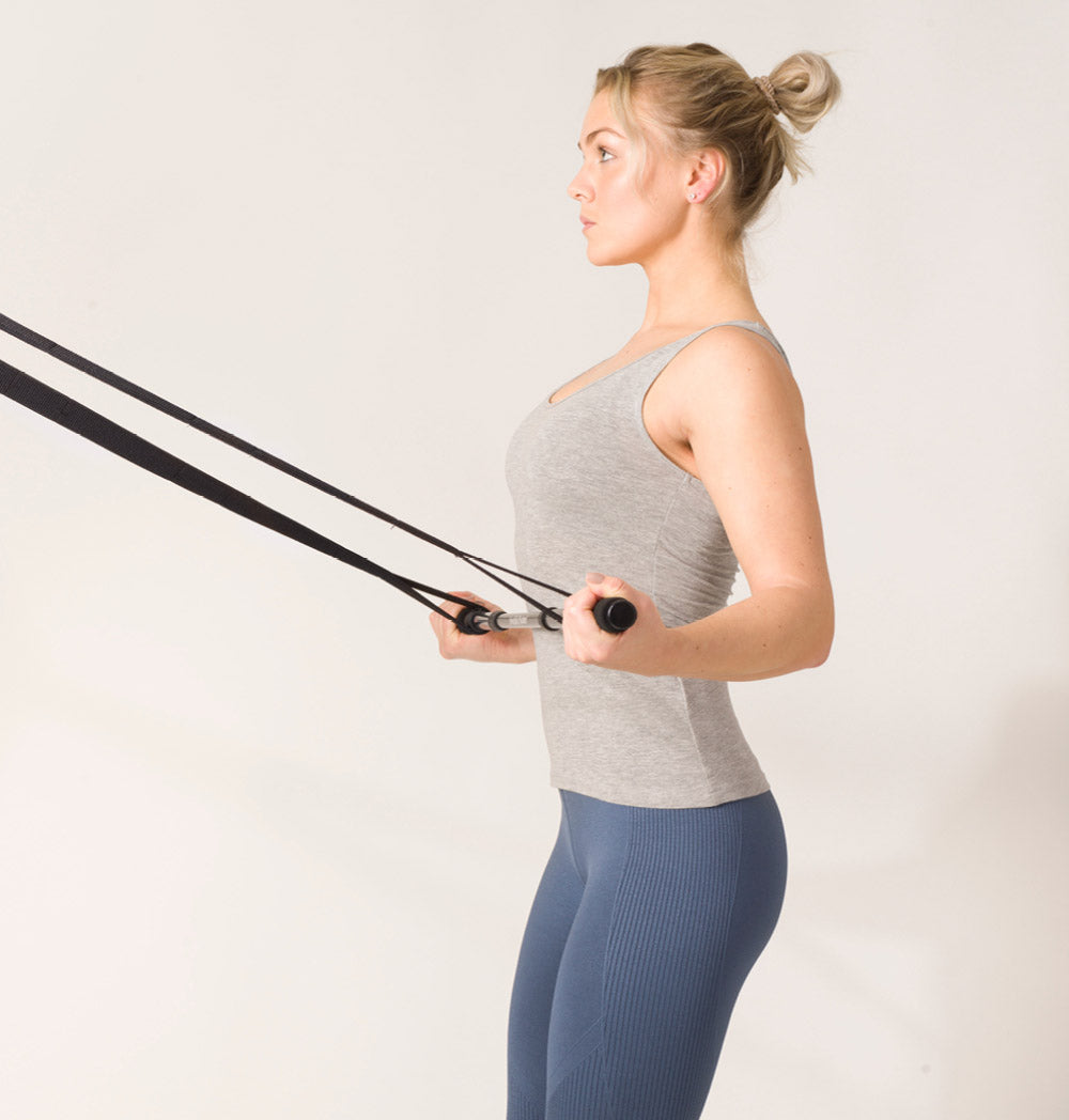 MiniGym Exercise Kit featuring adjustable aluminum bar, resistance bands, and door gadget for versatile home workouts.