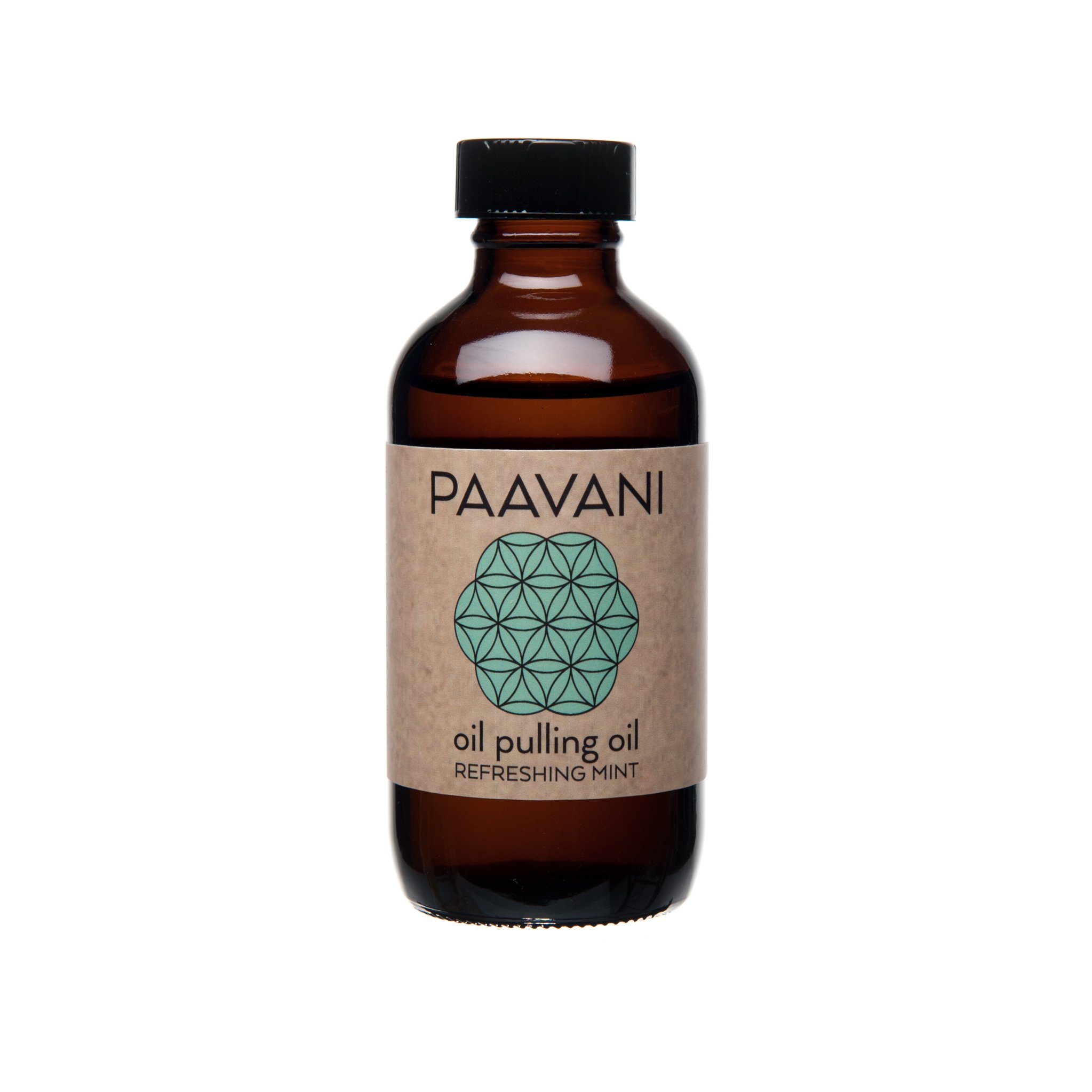 A bottle of Mint Pulling Oil featuring a blend of sesame, coconut, turmeric, and clove oils, designed for oil pulling to enhance oral health.