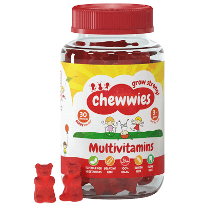 A bottle of Multivitamin Gummies featuring soft, chewy, sugar-free, vegan raspberry-flavored gummies suitable for adults and children.