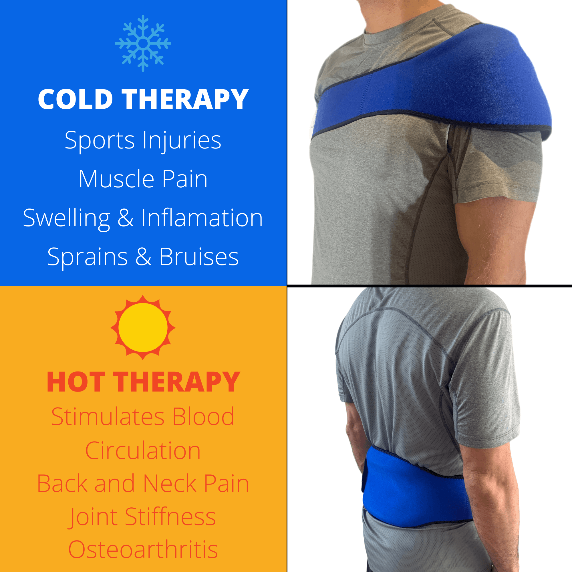 Neoprene Hot & Cold Compress Gel Pack with adjustable strap, designed for pain relief on various body parts.