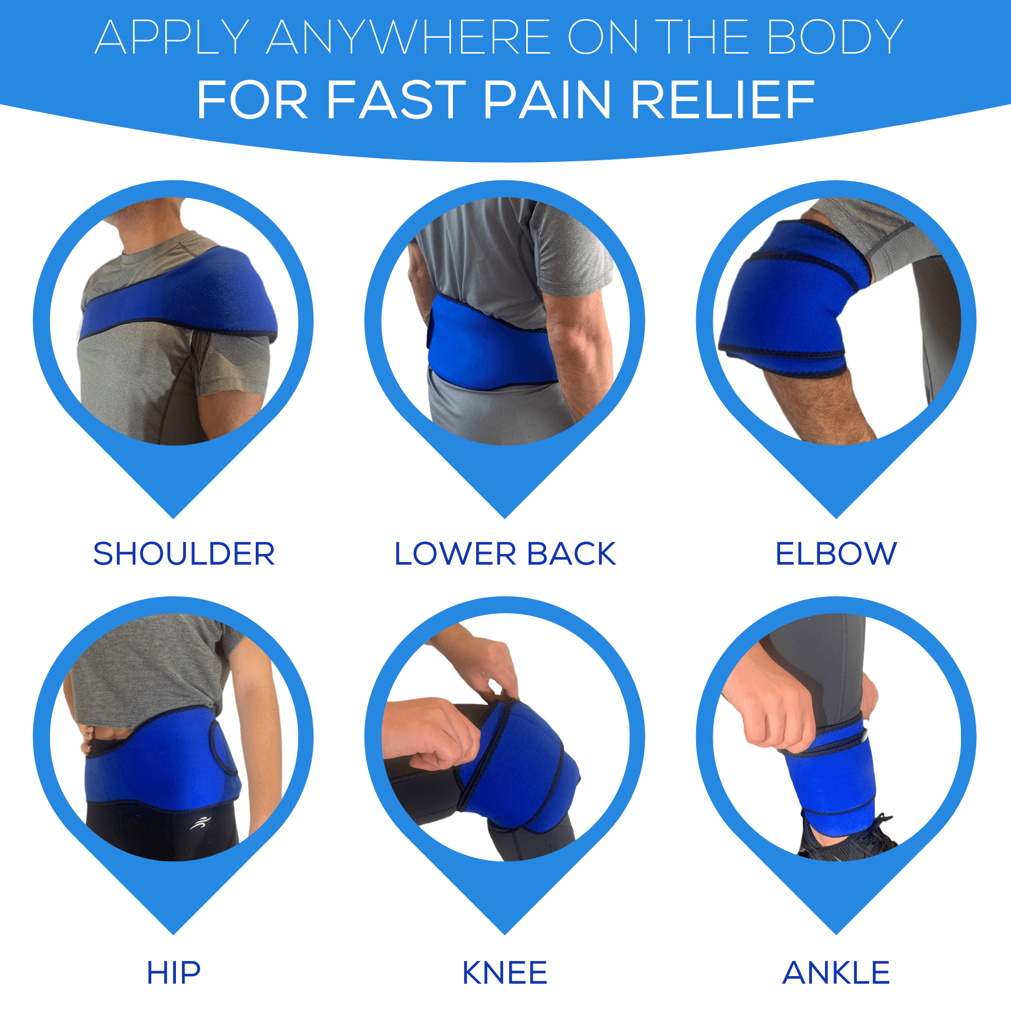 Neoprene Hot & Cold Compress Gel Pack with adjustable strap, designed for pain relief on various body parts.