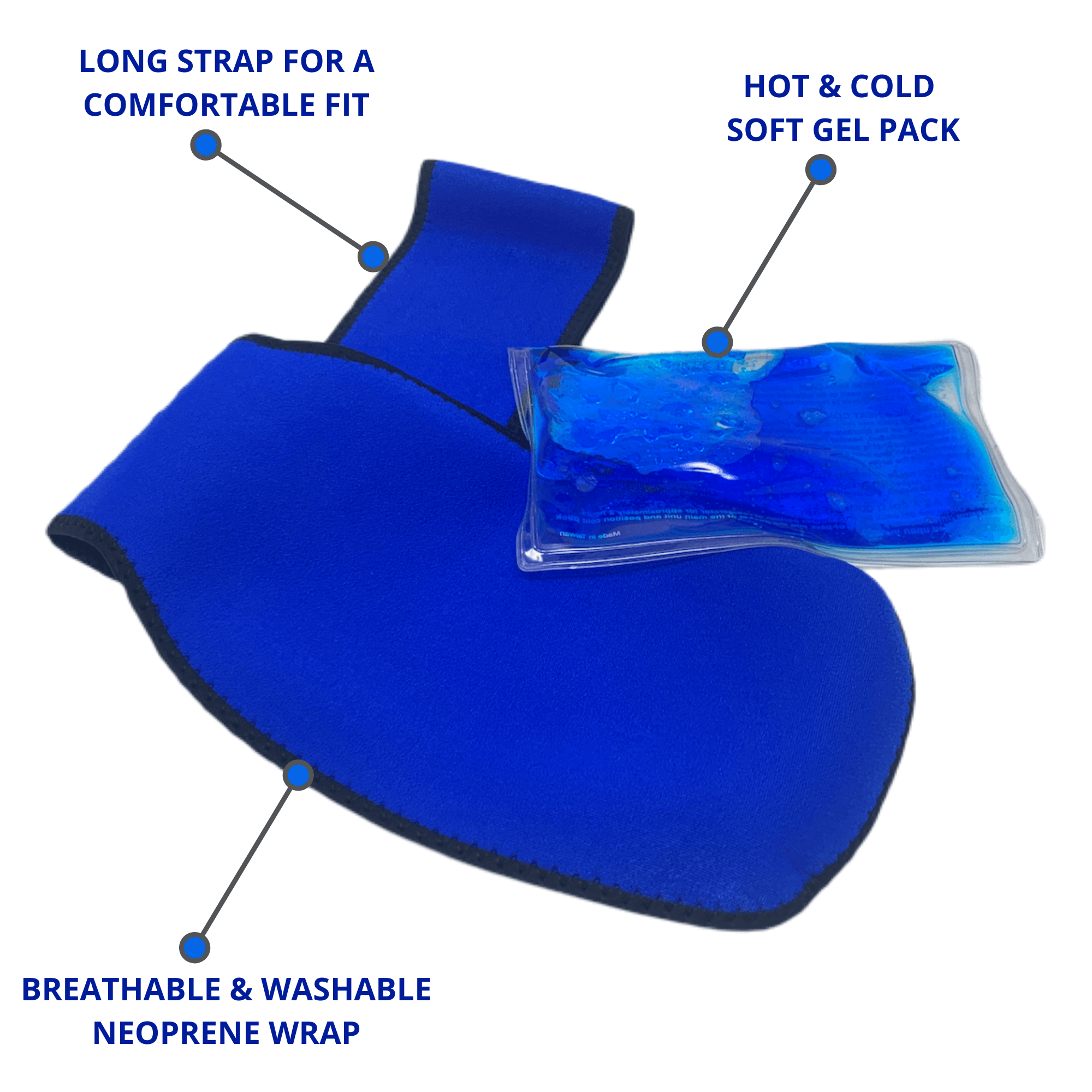 Neoprene Hot & Cold Compress Gel Pack with adjustable strap, designed for pain relief on various body parts.