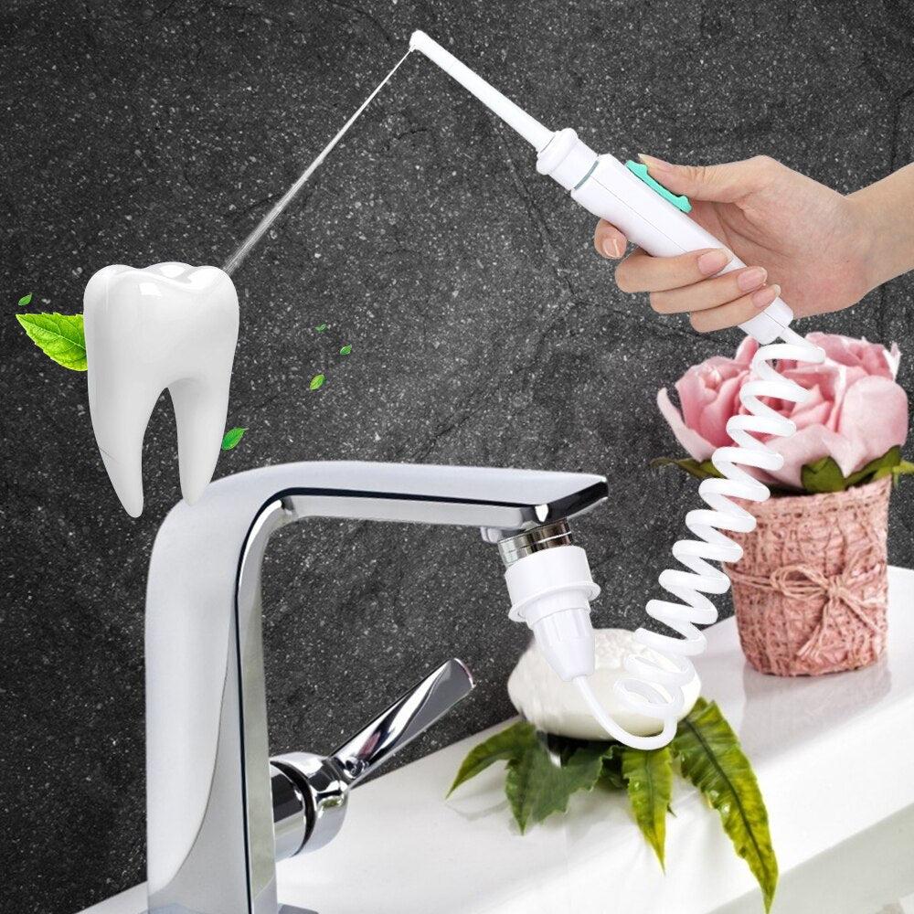 New Water Dental Flosser Faucet Oral Irrigator with multiple nozzles and connecting hose, designed for effective teeth cleaning.