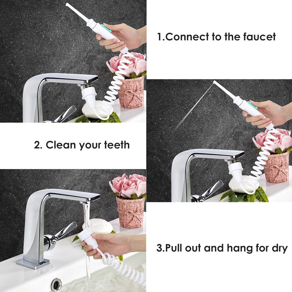 New Water Dental Flosser Faucet Oral Irrigator with multiple nozzles and connecting hose, designed for effective teeth cleaning.