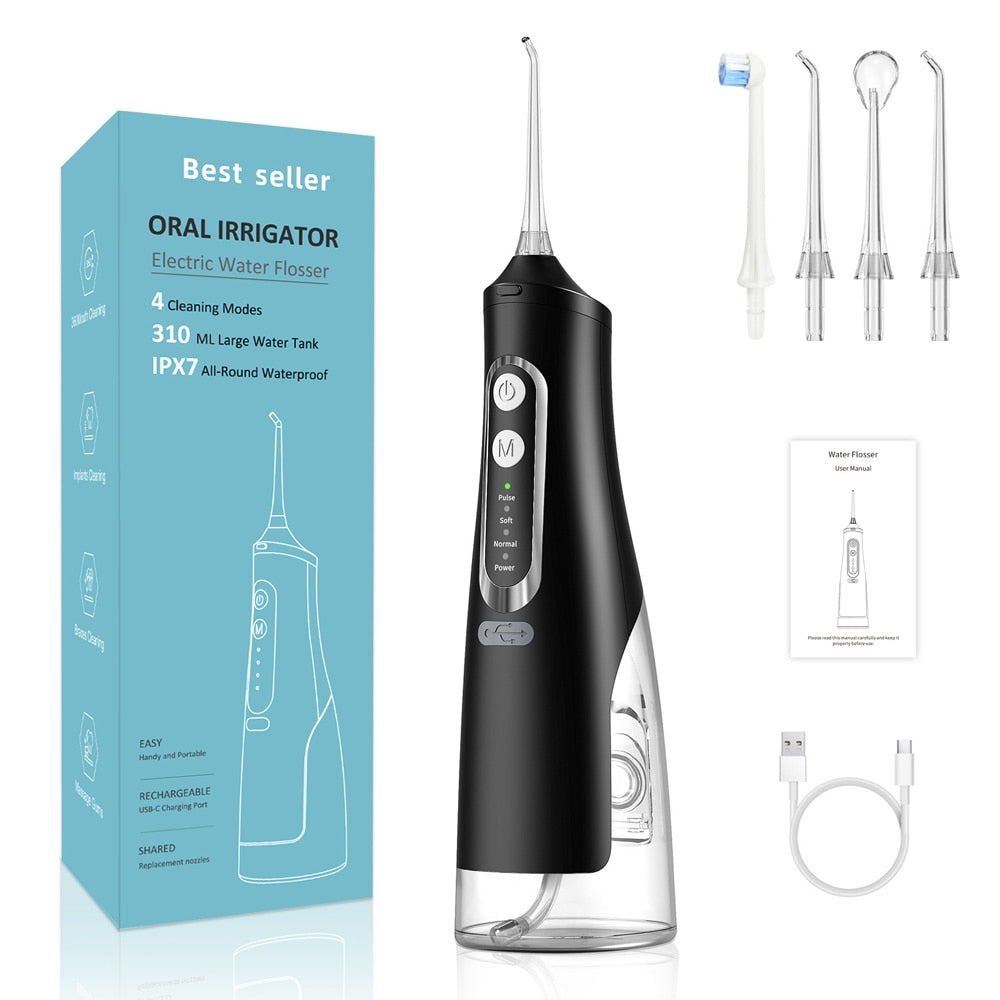 Newest Portable Oral Irrigator with USB charging, showcasing its sleek design and multiple nozzles for effective dental care.