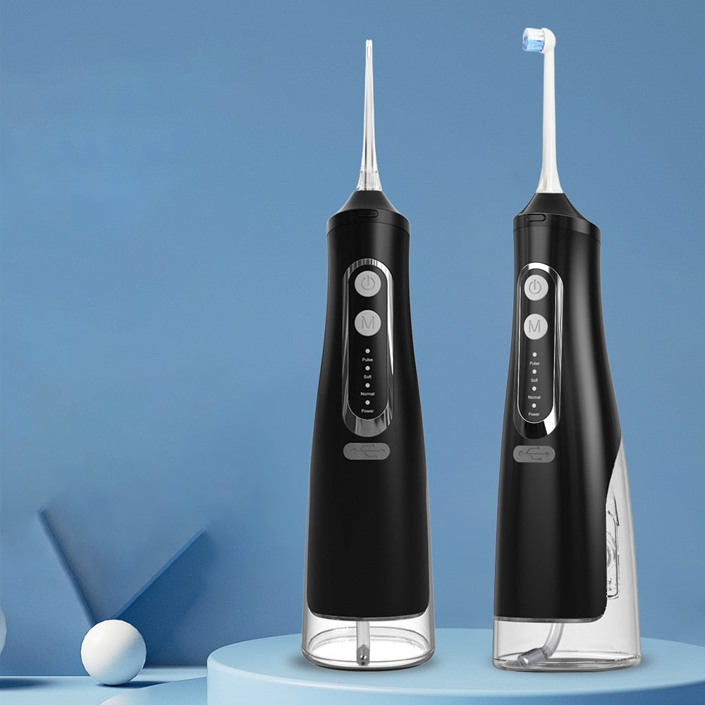 Newest Portable Oral Irrigator with USB charging, showcasing its sleek design and water tank capacity.