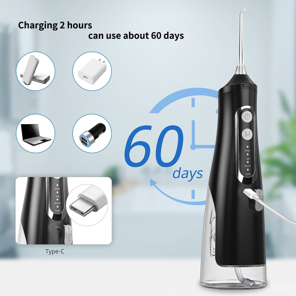 Newest Portable Oral Irrigator with USB charging, showcasing its sleek design and water tank capacity.