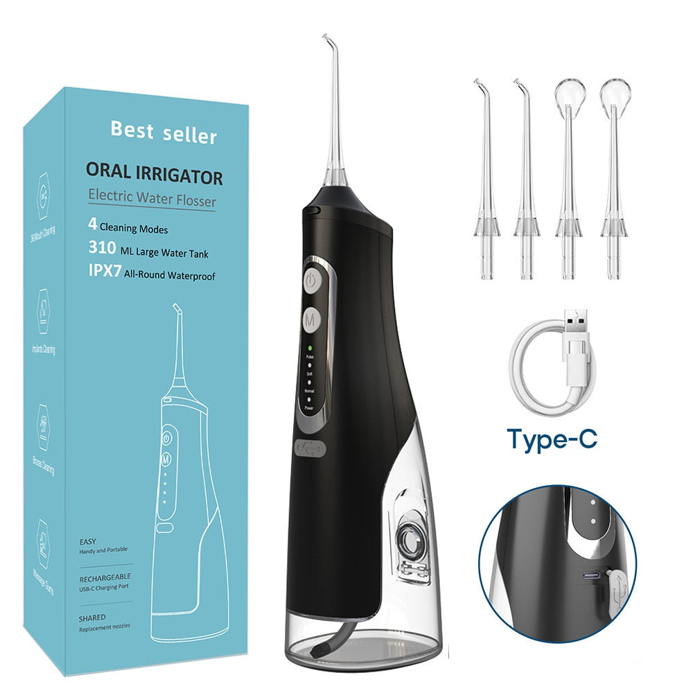 Newest Portable Oral Irrigator with USB charging, showcasing its sleek design and water tank capacity.