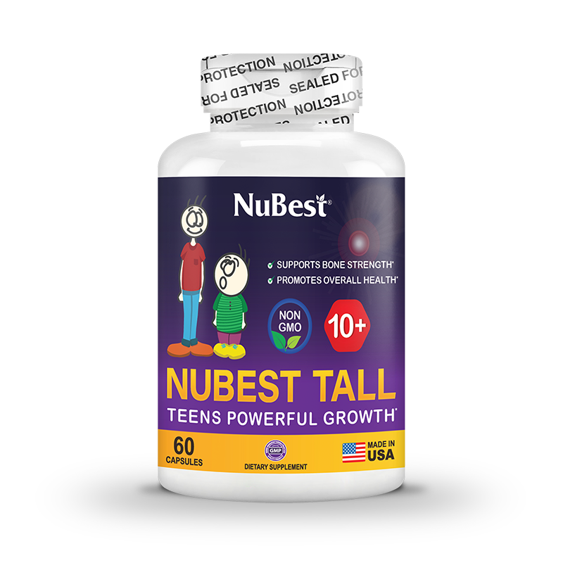 NuBest Tall 10+ supplement bottle for kids and teens, featuring a blend of Calcium, Collagen, and vitamins for healthy growth.