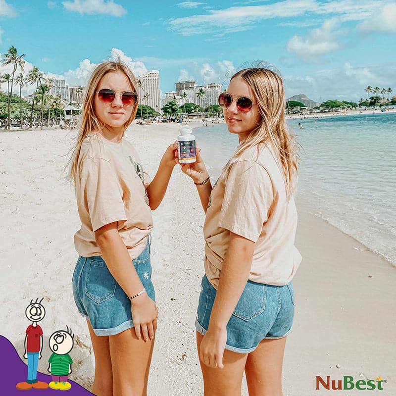 NuBest Tall 10+ supplement bottle for kids and teens, featuring a blend of Calcium, Collagen, and vitamins for healthy growth.