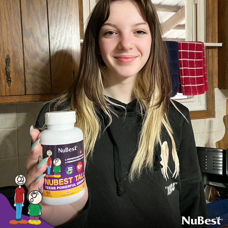 NuBest Tall 10+ supplement bottle for kids and teens, featuring a blend of Calcium, Collagen, and vitamins for healthy growth.