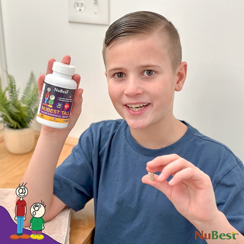 NuBest Tall 10+ supplement bottle for kids and teens, featuring a blend of Calcium, Collagen, and vitamins for healthy growth.