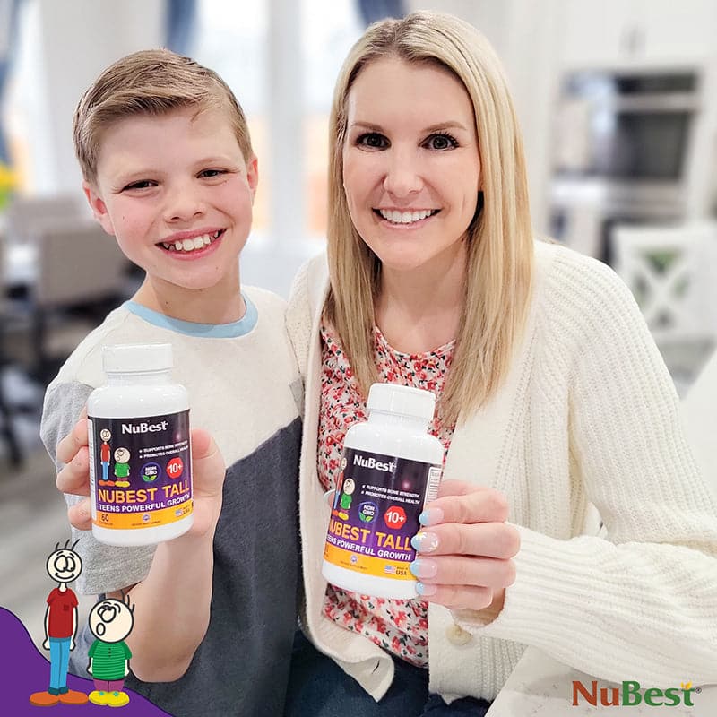 NuBest Tall 10+ supplement bottle for kids and teens, featuring a blend of Calcium, Collagen, and vitamins for healthy growth.