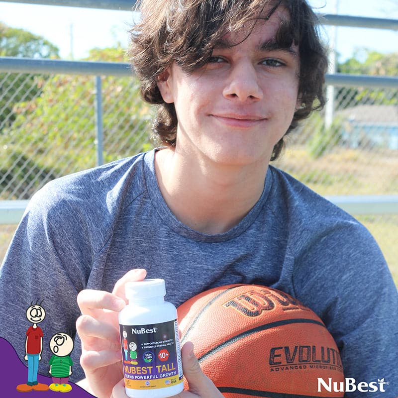 NuBest Tall 10+ supplement bottle for kids and teens, featuring a blend of Calcium, Collagen, and vitamins for healthy growth.