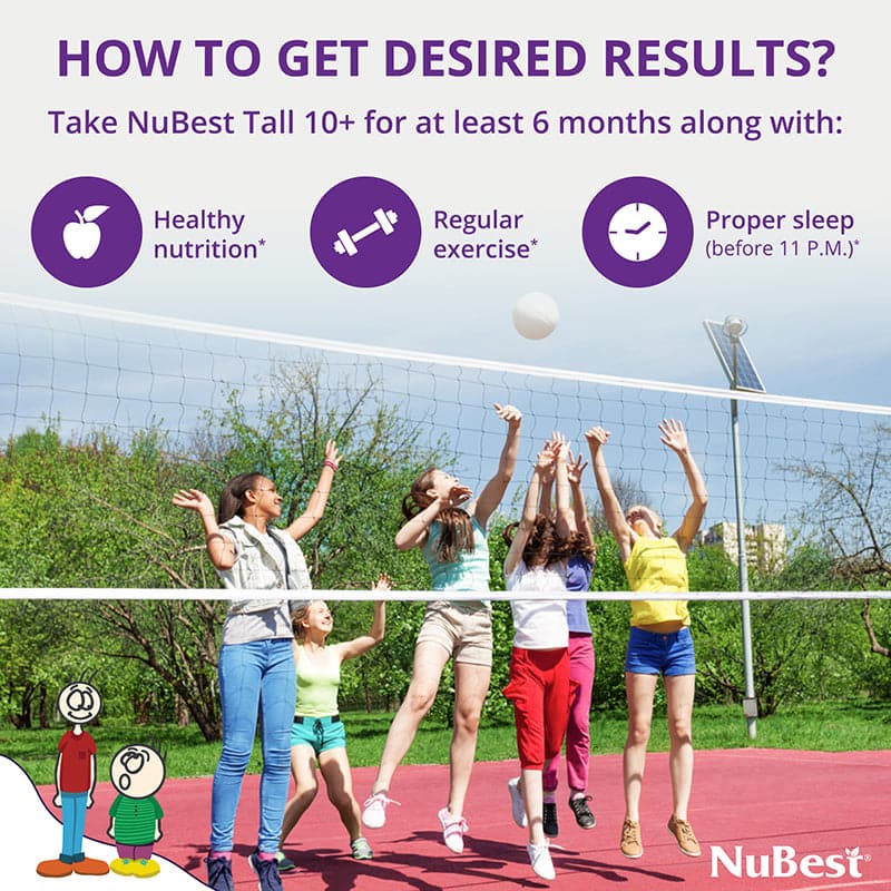 NuBest Tall 10+ supplement bottle for kids and teens, featuring a blend of Calcium, Collagen, and vitamins for healthy growth.