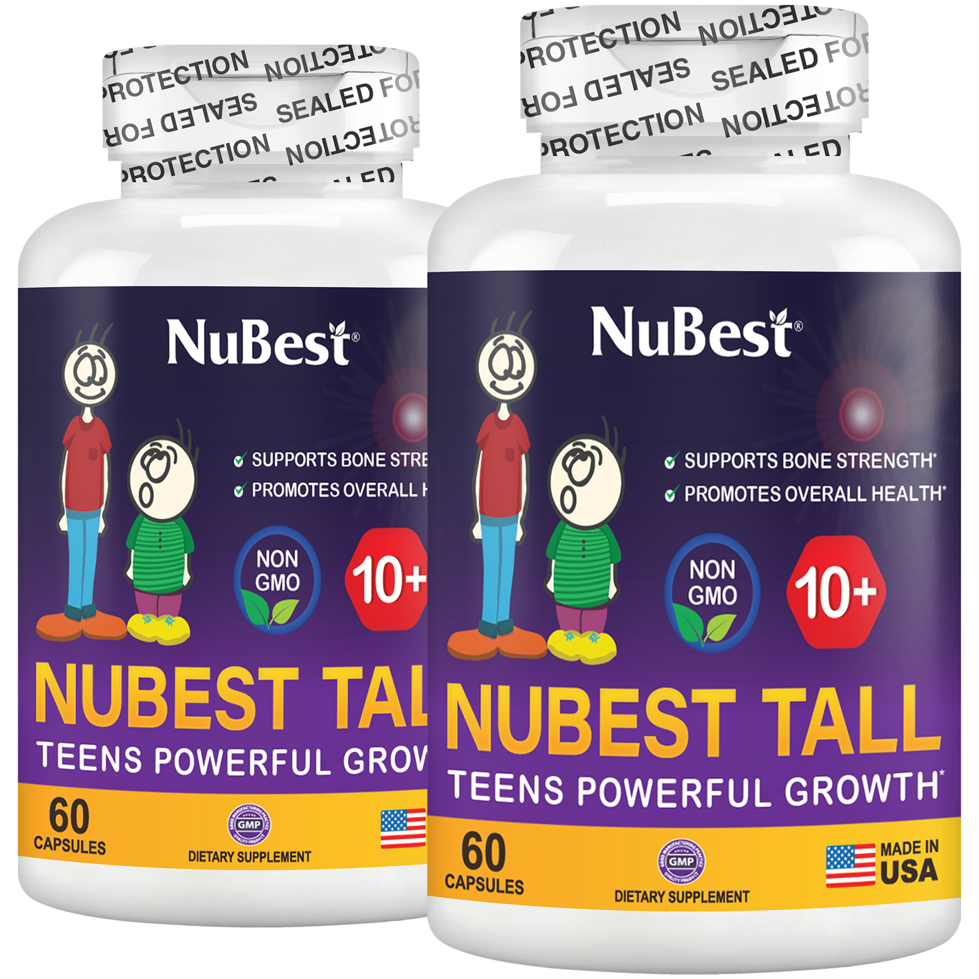 NuBest Tall 10+ supplement bottle for kids and teens, featuring a blend of Calcium, Collagen, and vitamins for healthy growth.