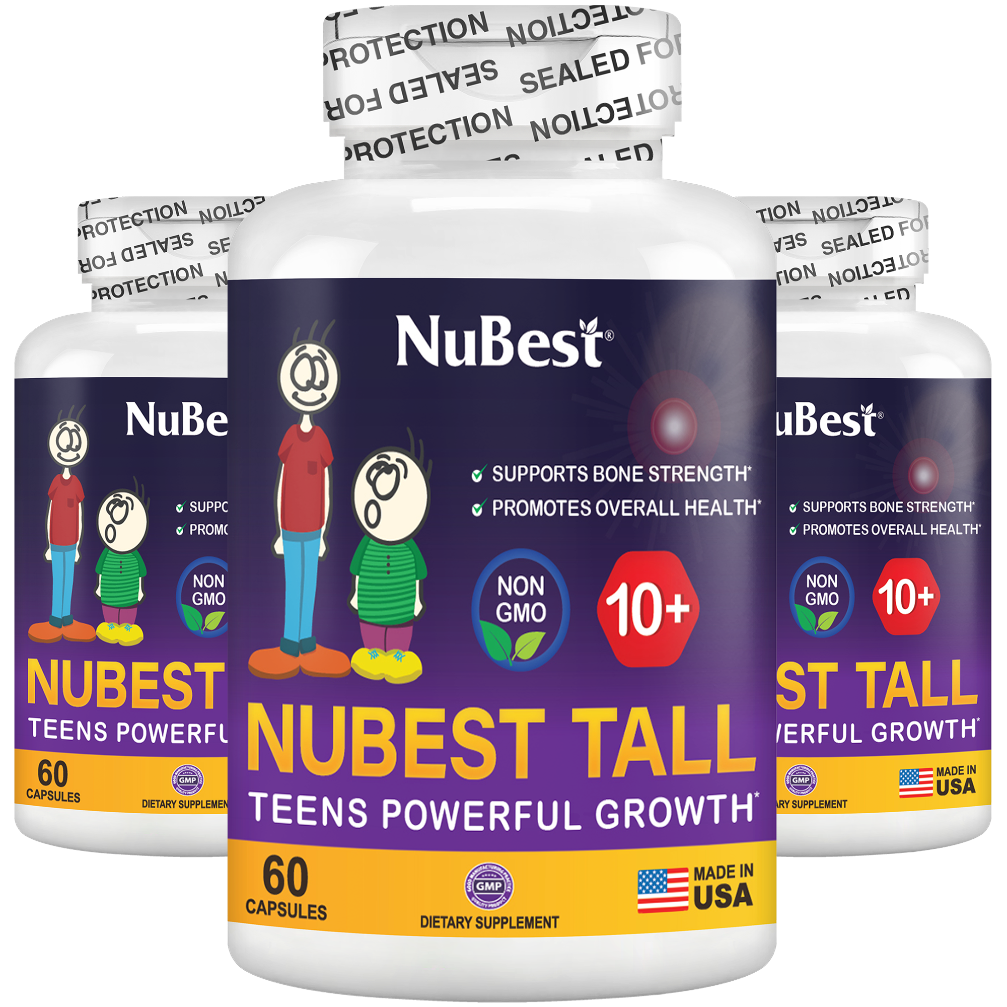 NuBest Tall 10+ supplement bottle for kids and teens, featuring a blend of Calcium, Collagen, and vitamins for healthy growth.