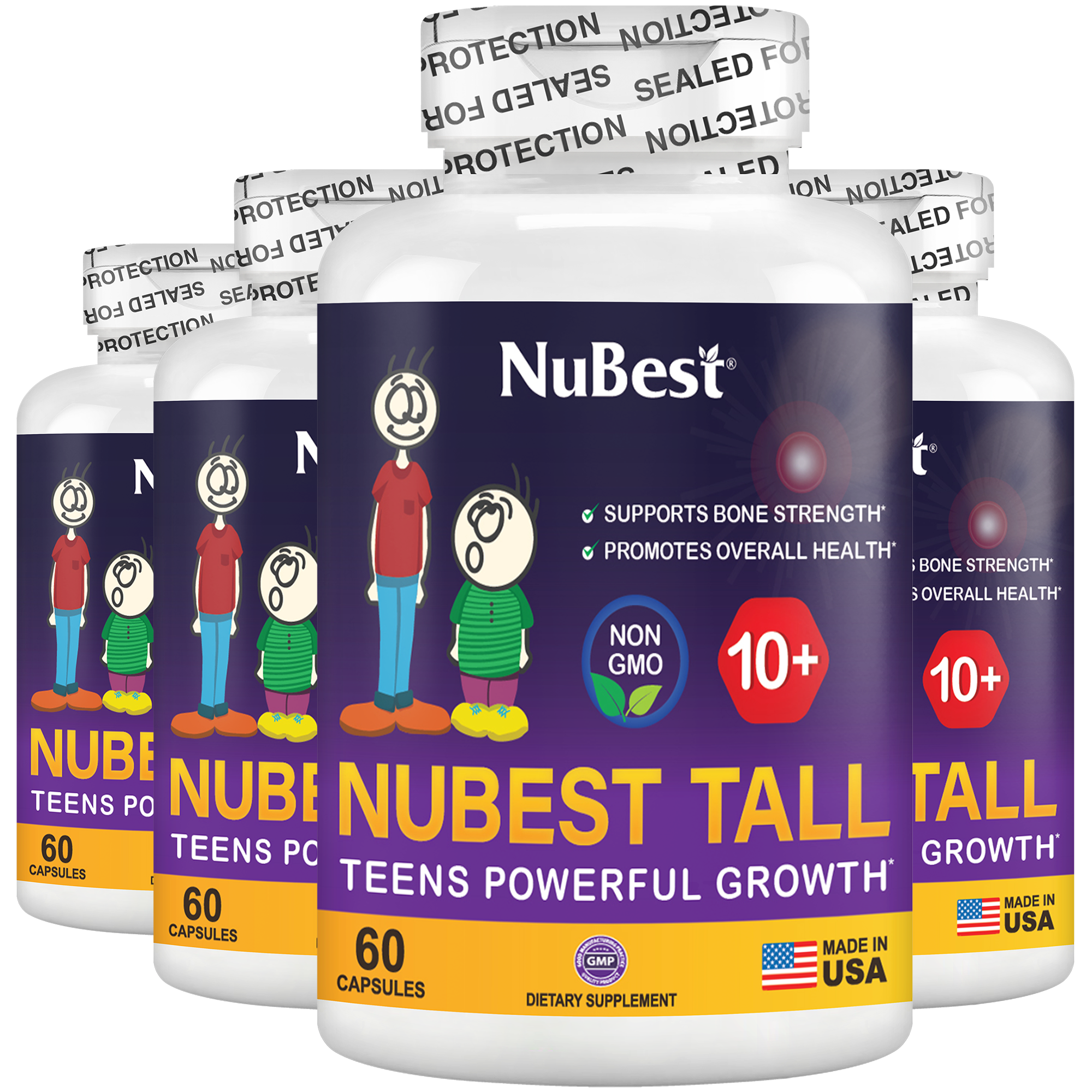 NuBest Tall 10+ supplement bottle for kids and teens, featuring a blend of Calcium, Collagen, and vitamins for healthy growth.