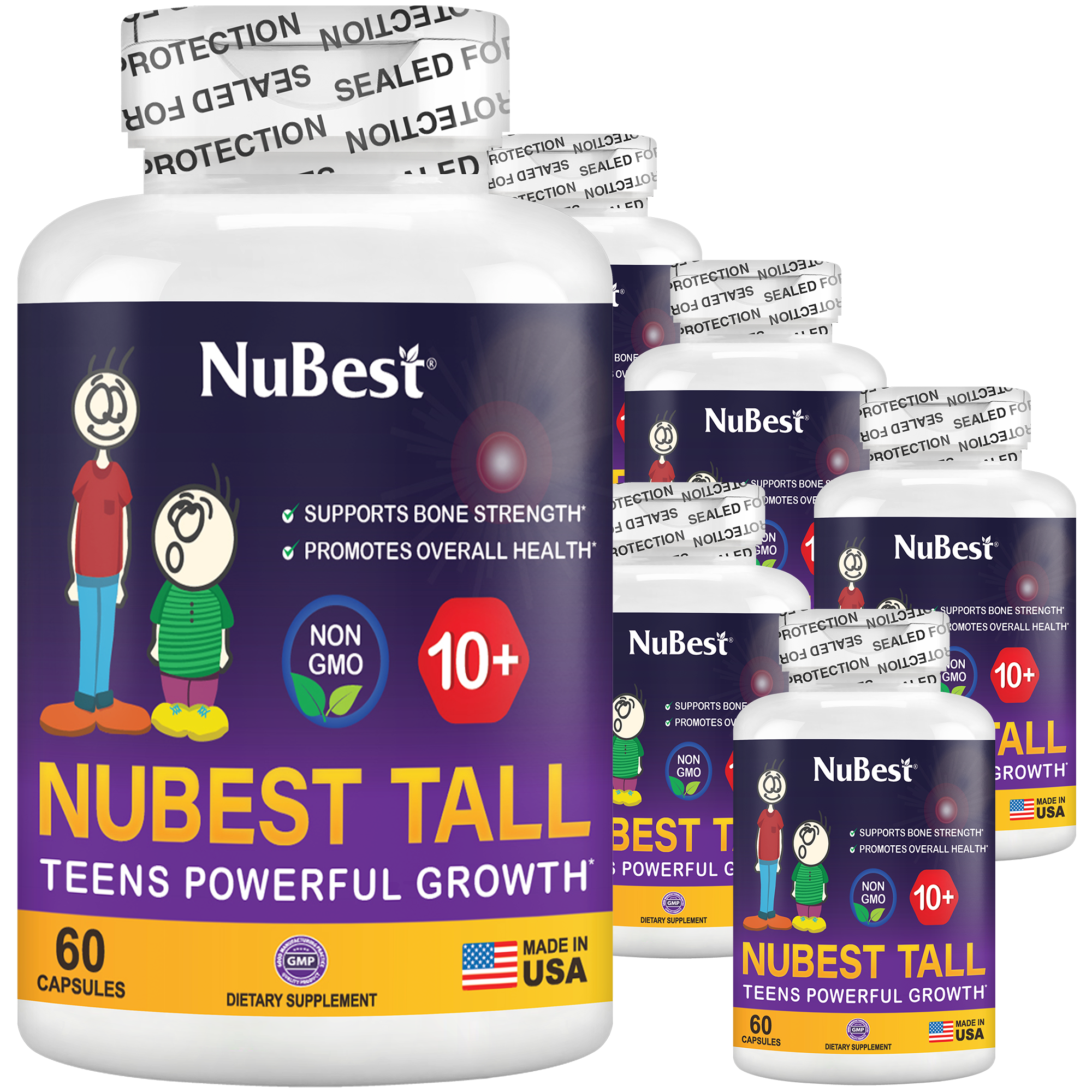 NuBest Tall 10+ supplement bottle for kids and teens, featuring a blend of Calcium, Collagen, and vitamins for healthy growth.