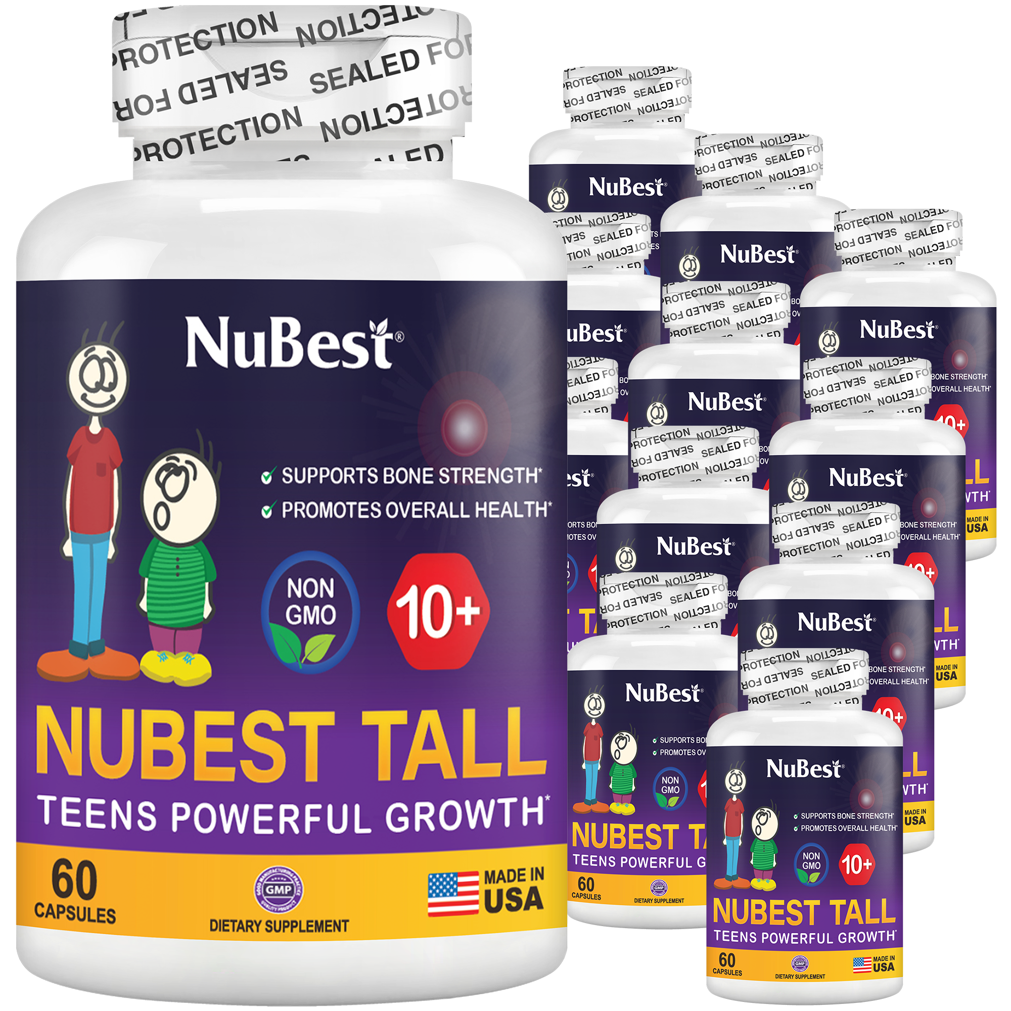 NuBest Tall 10+ supplement bottle for kids and teens, featuring a blend of Calcium, Collagen, and vitamins for healthy growth.