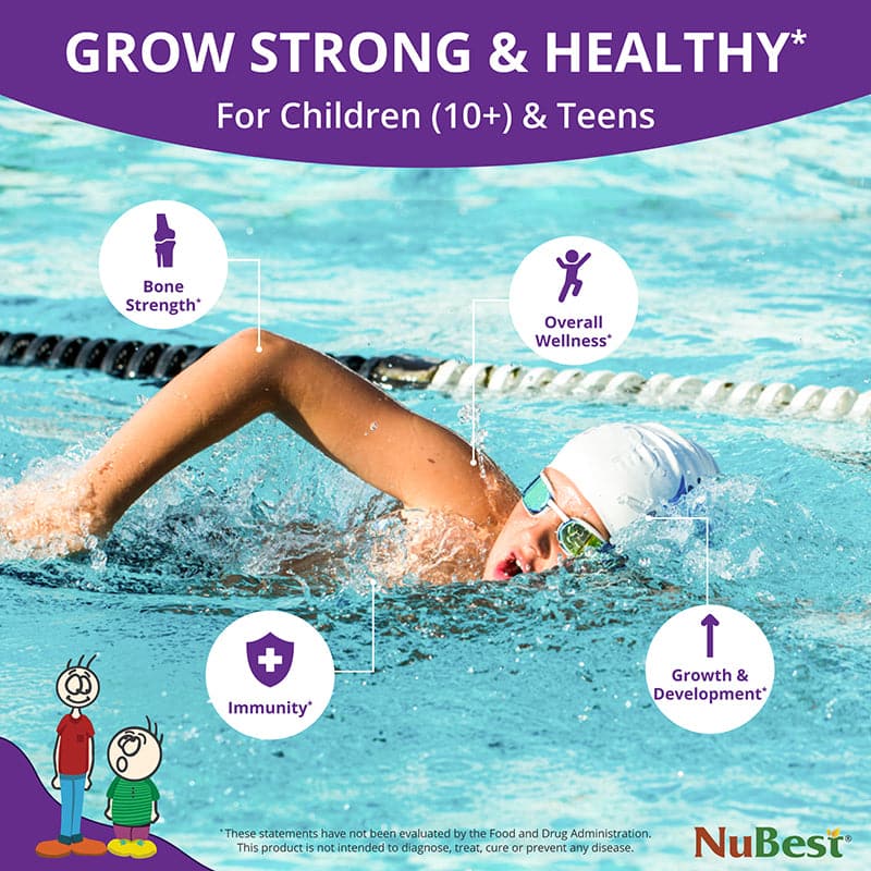 NuBest Tall 10+ supplement bottle for kids and teens, featuring a blend of Calcium, Collagen, and vitamins for healthy growth.