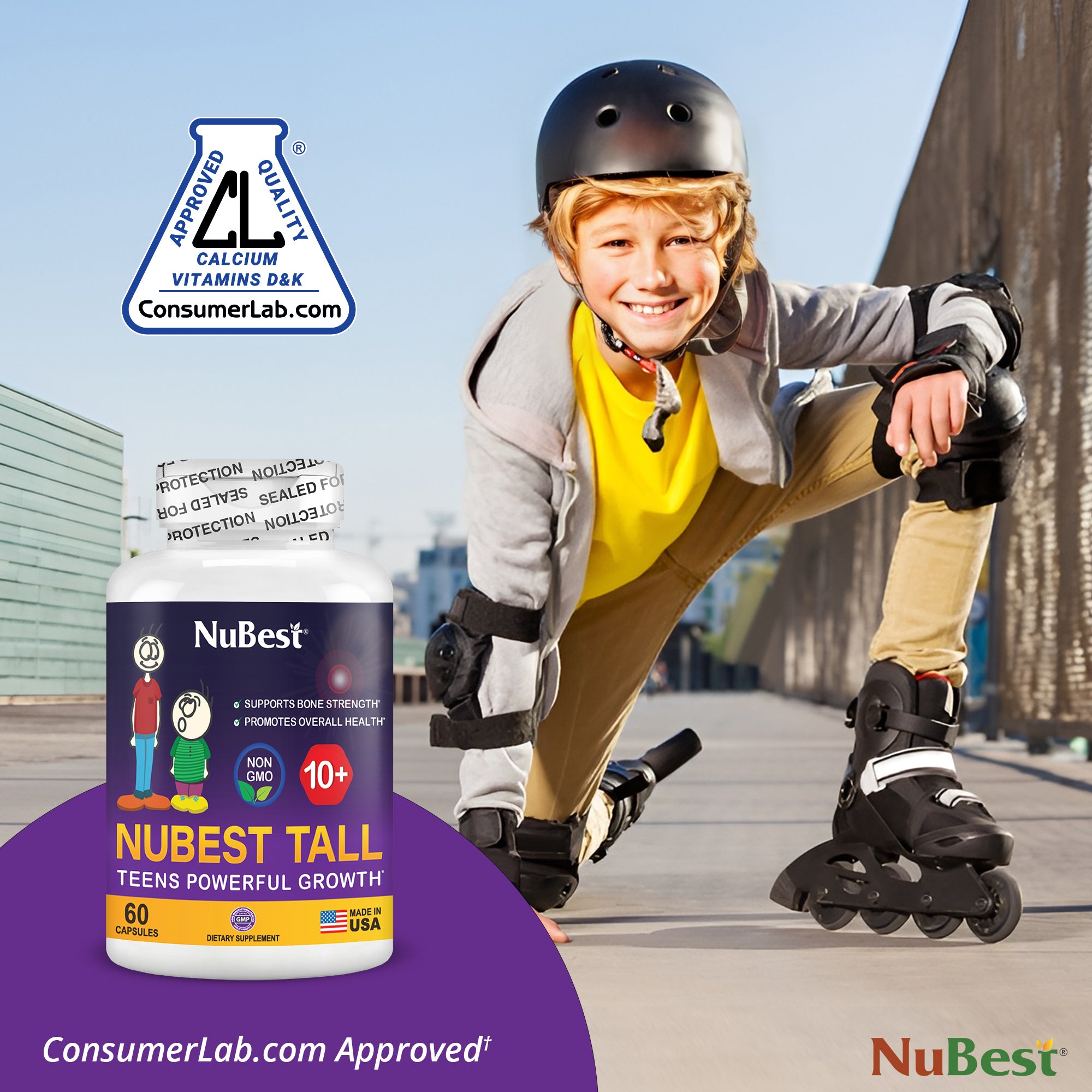 NuBest Tall 10+ supplement bottle for kids and teens, featuring a blend of Calcium, Collagen, and vitamins for healthy growth.