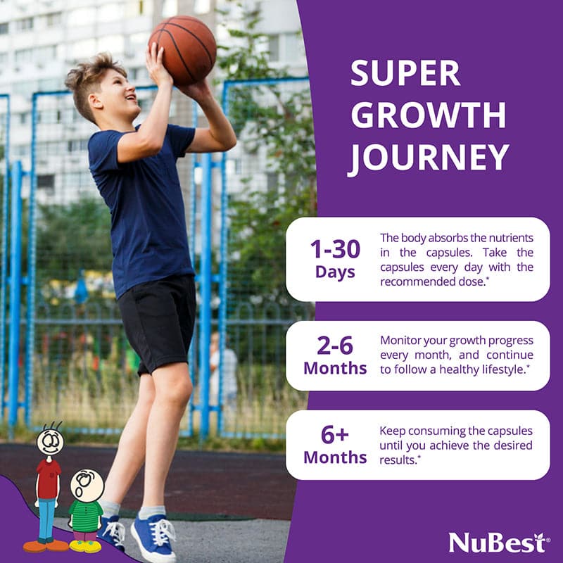 NuBest Tall 10+ supplement bottle for kids and teens, featuring a blend of Calcium, Collagen, and vitamins for healthy growth.